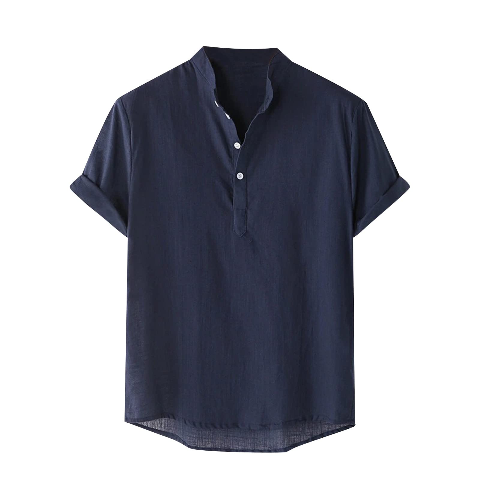 Men's Cotton Linen Button Down Shirt - Short Sleeve V Neck Casual Summer Shirt - Breathable Regular Fit Tops for Beach, Vacation & Outdoor Activities