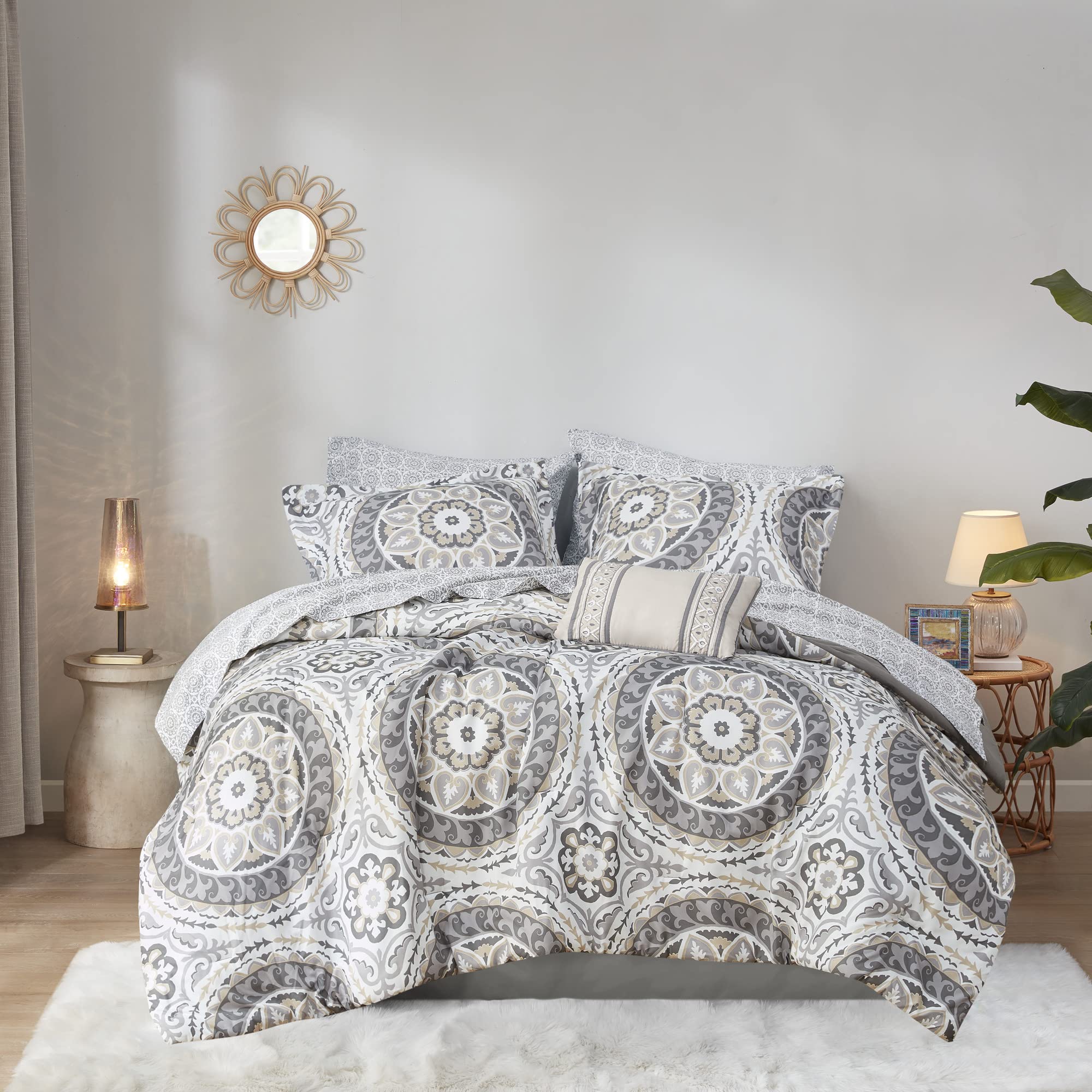 Madison Park Essentials Serenity 9-Piece Bed in a Bag Comforter Set - Medallion Damask Design, All-Season Cotton Bedding with Sheet Set & Bedskirt, Full Size (78
