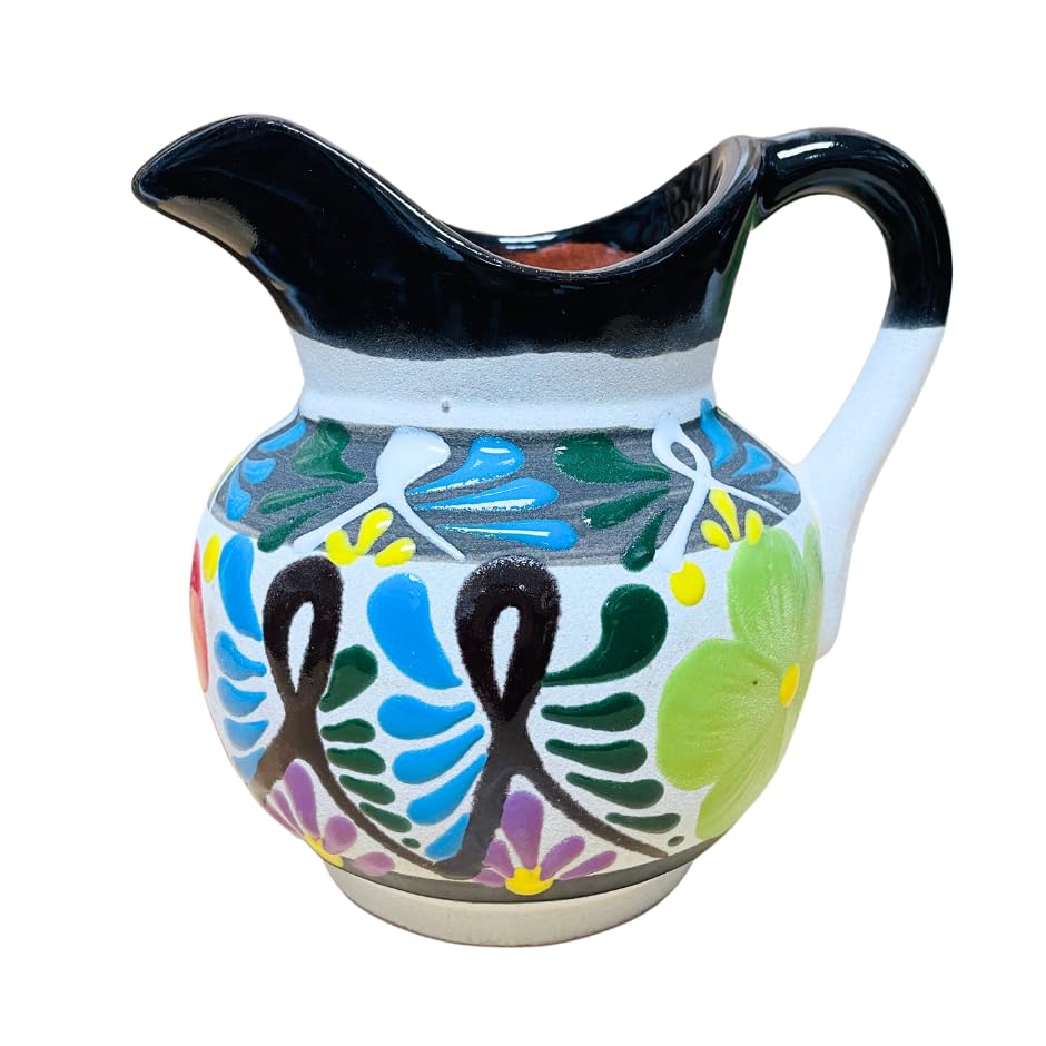 Handmade Engobe Clay Pitcher - Traditional Mexican Jarro Jug for Water or Beverages - Black Rim Guelaguetza Design - Perfect for Home Decor, Kitchen Use & Gift Giving