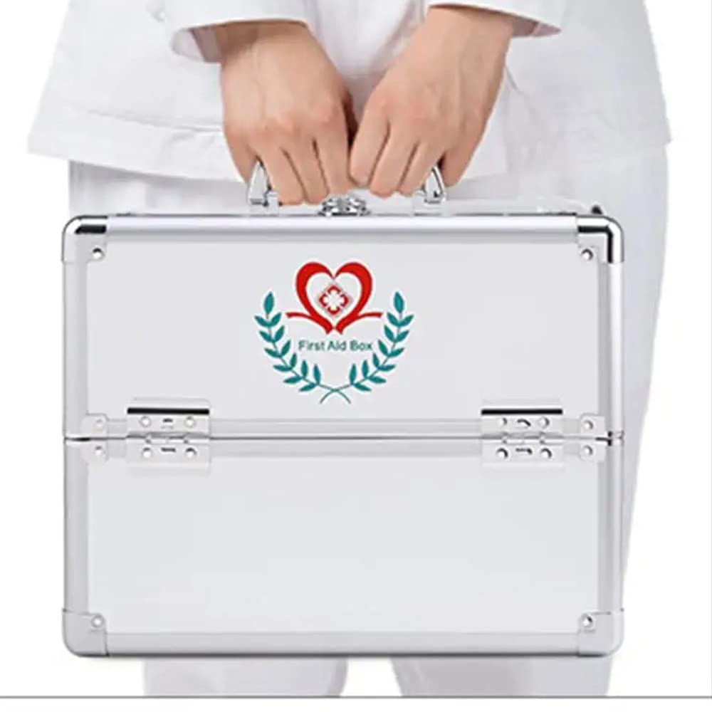 Lockable First Aid Kit Box with Security Key & Portable Handle - 2/3 Tier Medicine Storage Organizer for Prescription Drugs (Silver) | Perfect for Home, Office, Travel & Emergency Preparedness