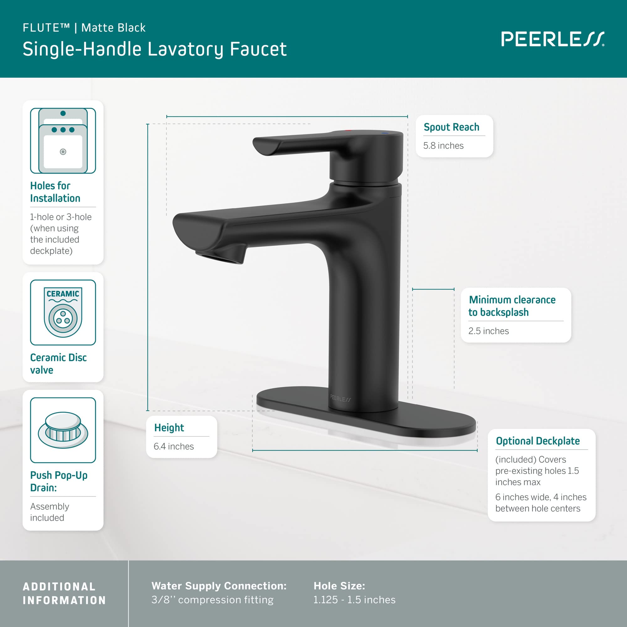 Peerless P1513LF-BL Matte Black Single Handle Bathroom Sink Faucet - Modern Waterfall Spout for Vanity, Powder Room & Guest Bath Installation
