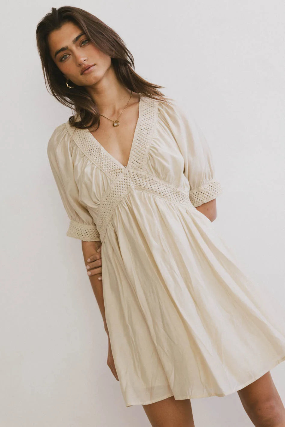 Lorna Mini Dress in Natural - Women's Flowy Summer Dress for Casual & Beach Wear - FINAL SALE
