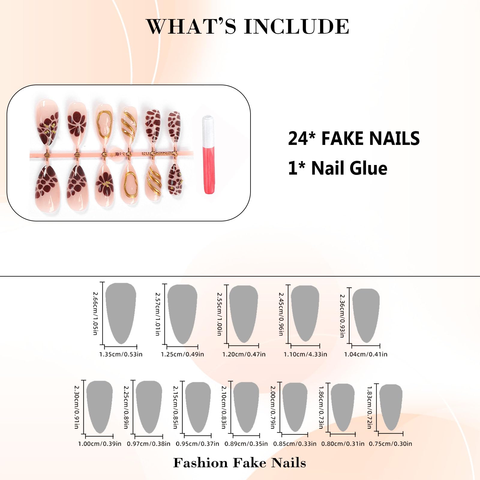 Fall Press on Nails Medium Almond Fake Nails - Brown French Tips with 3D Golden Line Designs - 24Pcs Natural Nude Full Cover Glossy Glue on Nails - Perfect for Parties, Weddings, Date Nights & Everyday Wear