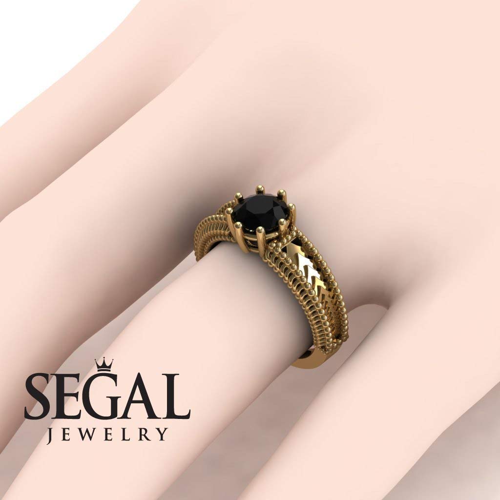 Victorian Engagement Ring 14K Yellow Gold Antique Filigree Ring with Black Diamond - Harper | Vintage Inspired Wedding Jewelry for Brides & Romantic Proposals