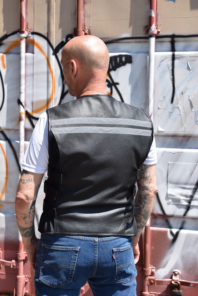 WICKED STOCK Men's Black Cowhide Leather Motorcycle Vest with Reflective Stripes - Biker Jacket for Harley Davidson Riding, Cruiser Bike Gear, Motorcycle Club Events & Outdoor Adventure