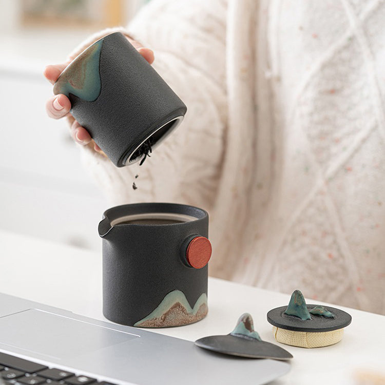 Premium Japanese Mountain Sun Travel Tea Set - Portable Ceramic Tea Cup & Infuser for Camping, Hiking & Outdoor Adventures