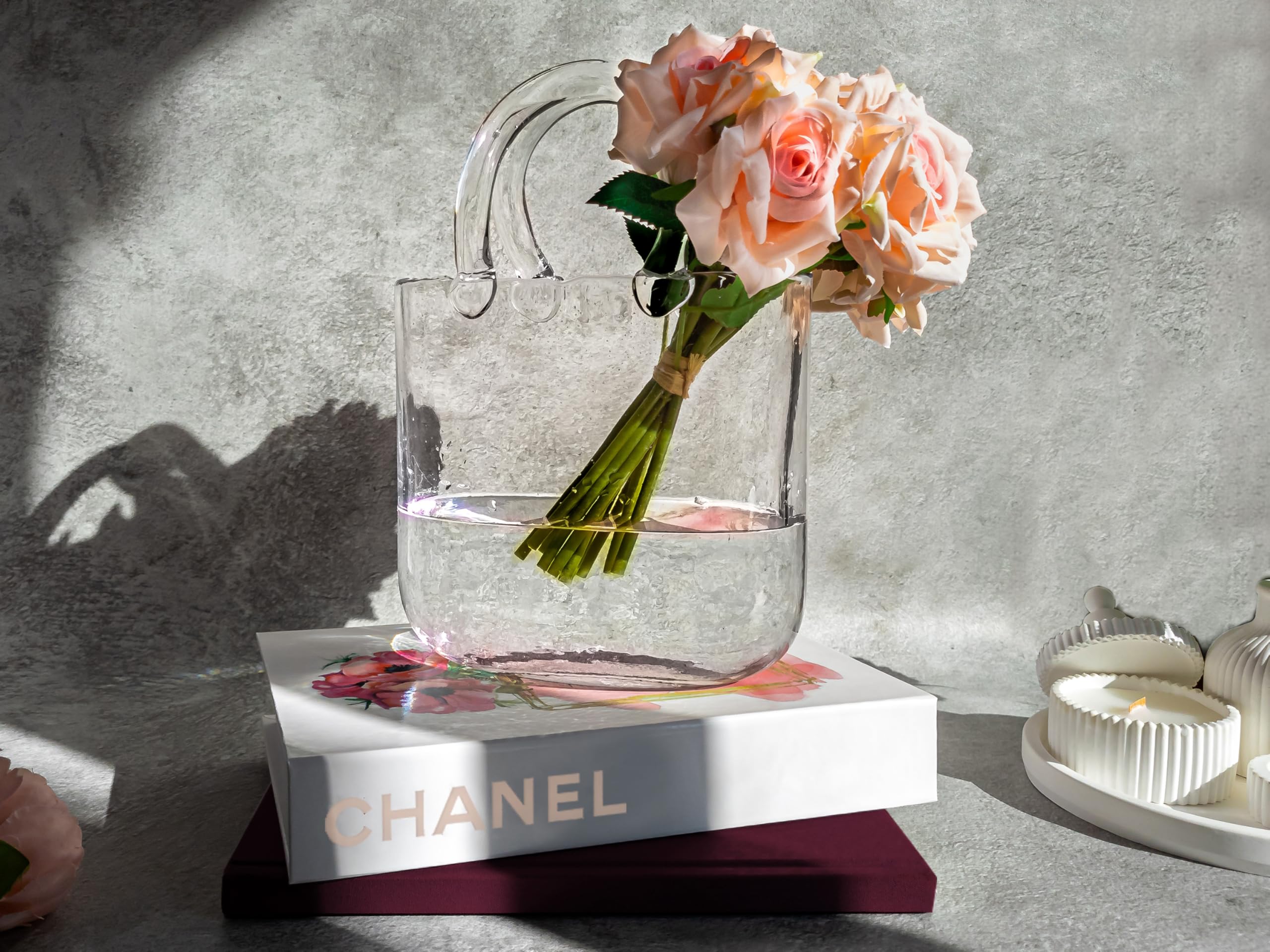 OLEEK Handmade Clear Glass Purse Vase - Elegant Flower Vase & Fish Bowl for Home Decor, Wedding Centerpieces, and Party Drinks - Unique Glass Handbag Vase for Flowers and Tabletop Decor