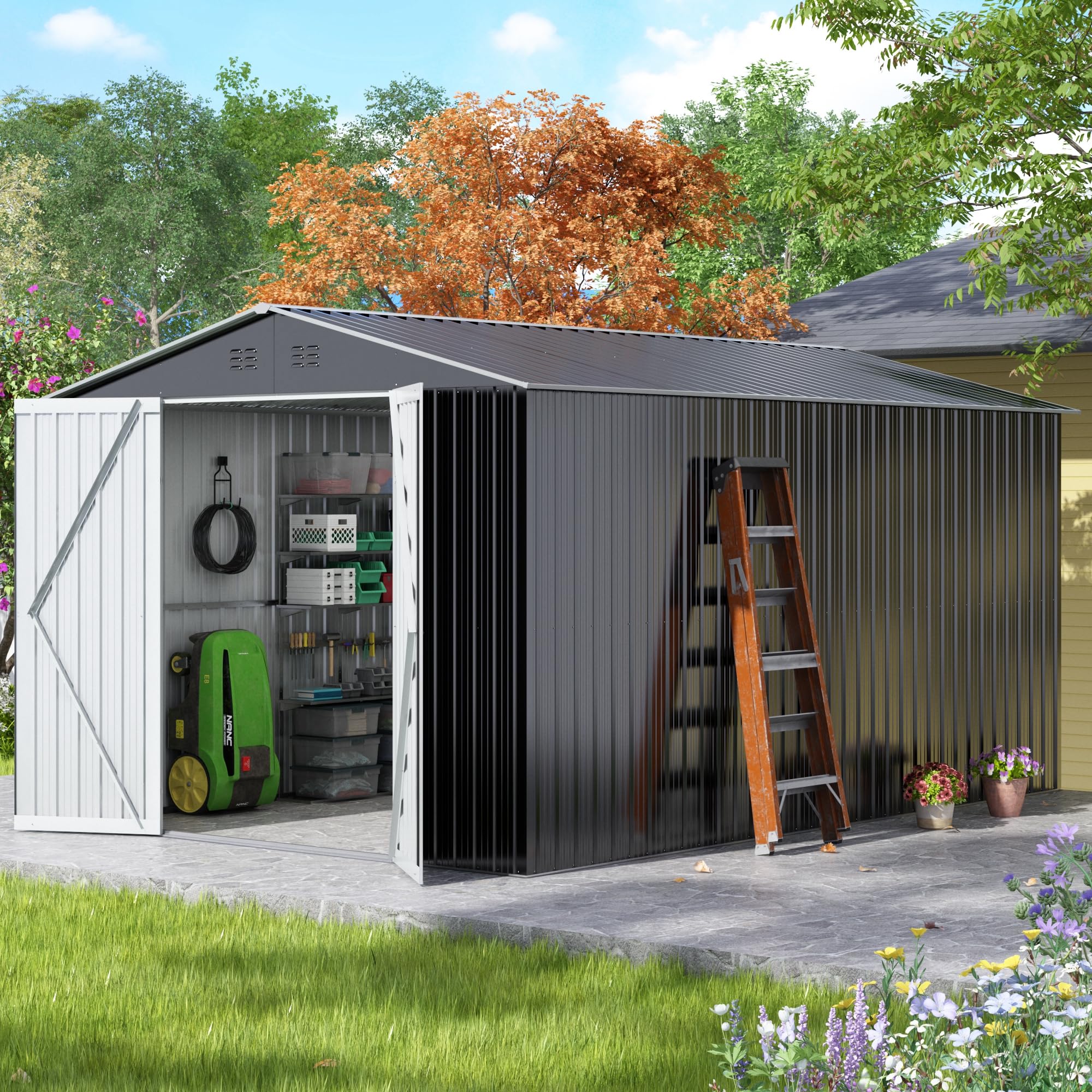 8x12 FT Outdoor Storage Shed - Heavy Duty Metal Garden Shed with Reinforced Frame & Lockable Doors | Perfect for Backyard, Patio, Lawn Equipment & Tool Organization (Grey)