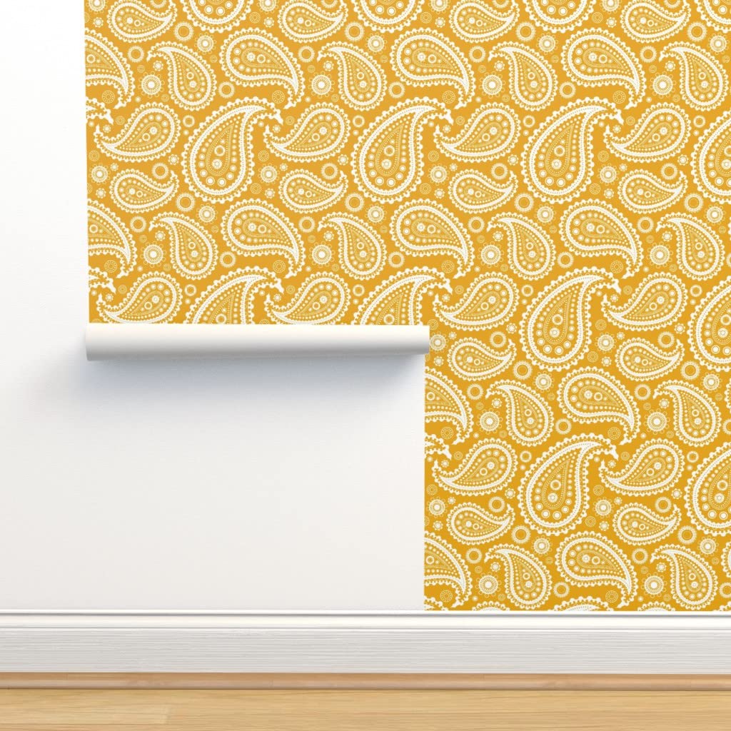 Commercial Grade Wallpaper Swatch - Mustard Yellow Paisley Gold White Vintage Retro Rustic Western Classic Traditional Peel & Stick Wallpaper by Spoonflower | Perfect for Home Decor, Accent Walls, DIY Projects & Western-Themed Interiors