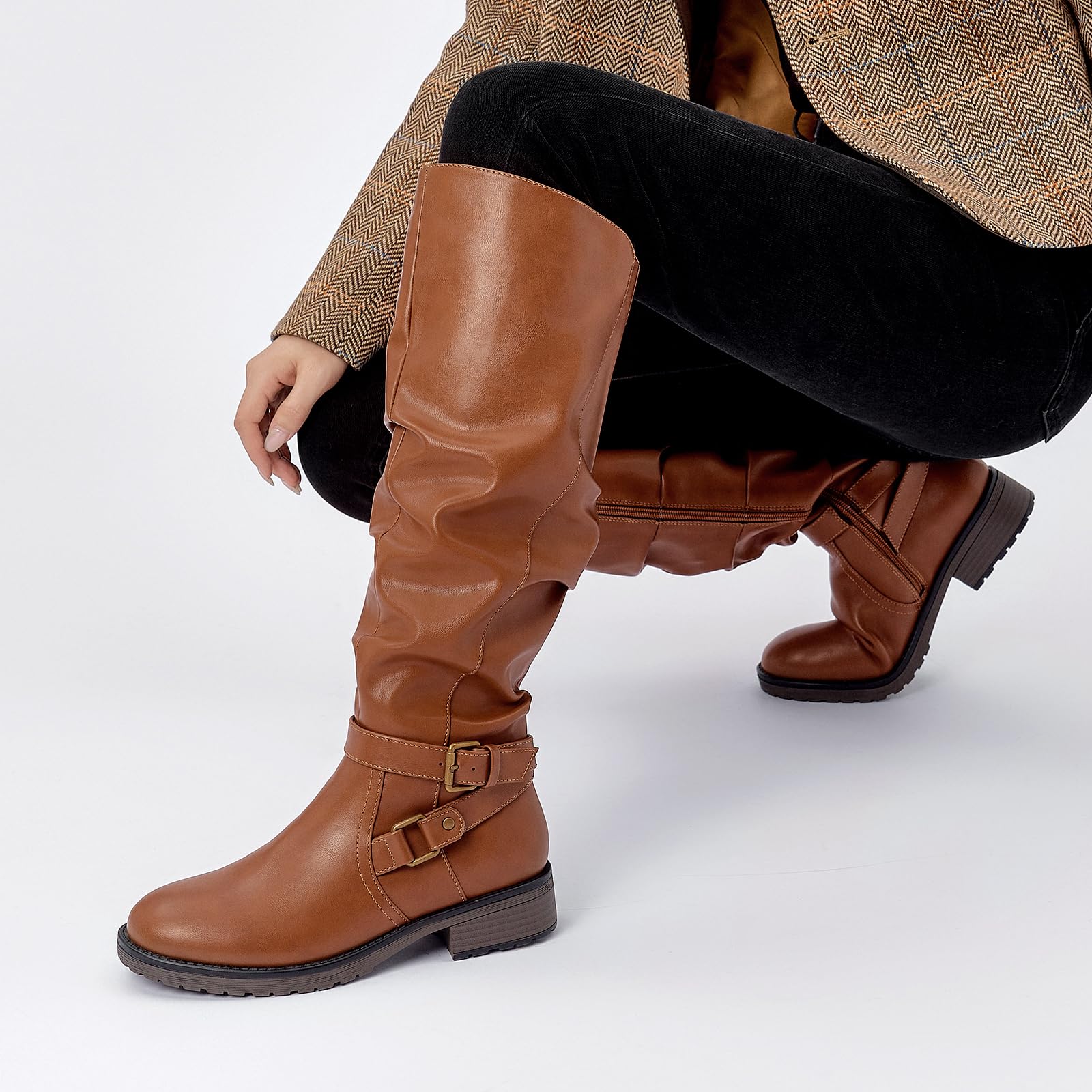 SelenePair Women's Fashion Knee High Boots - Flat Low Heel Slouchy Riding Boots with Side Zip & Adjustable Buckles | Perfect for Casual Outfits, Workwear & Winter Fashion