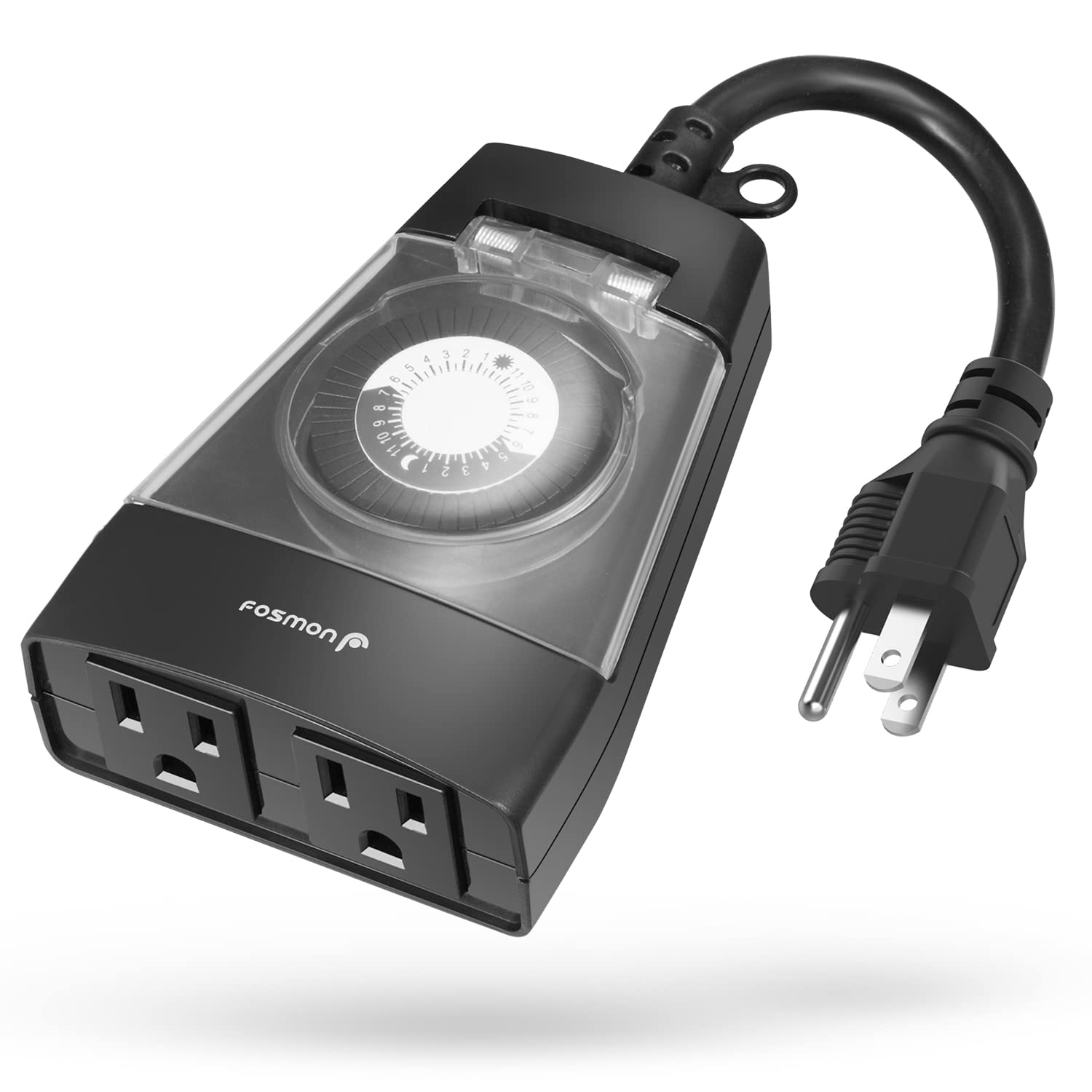 Fosmon Outdoor Dual Timer Outlet - Waterproof 24-Hour Mechanical Timer for Lights, Garden & Electrical Outlets - Heavy Duty 15A 3-Prong Grounded Plug (ETL Listed) - Perfect for Patio, Yard & Holiday Decorations