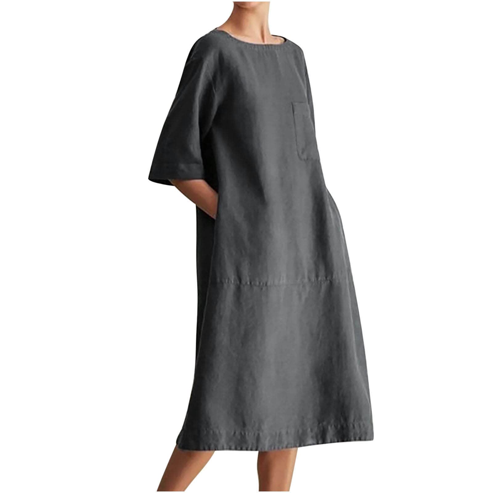 Women's Summer T-Shirt Dress - Solid Color Crew Neck Short Sleeve Cotton Linen Loose Shift Midi Dress | Casual Comfort for Beach, Vacation & Everyday Wear