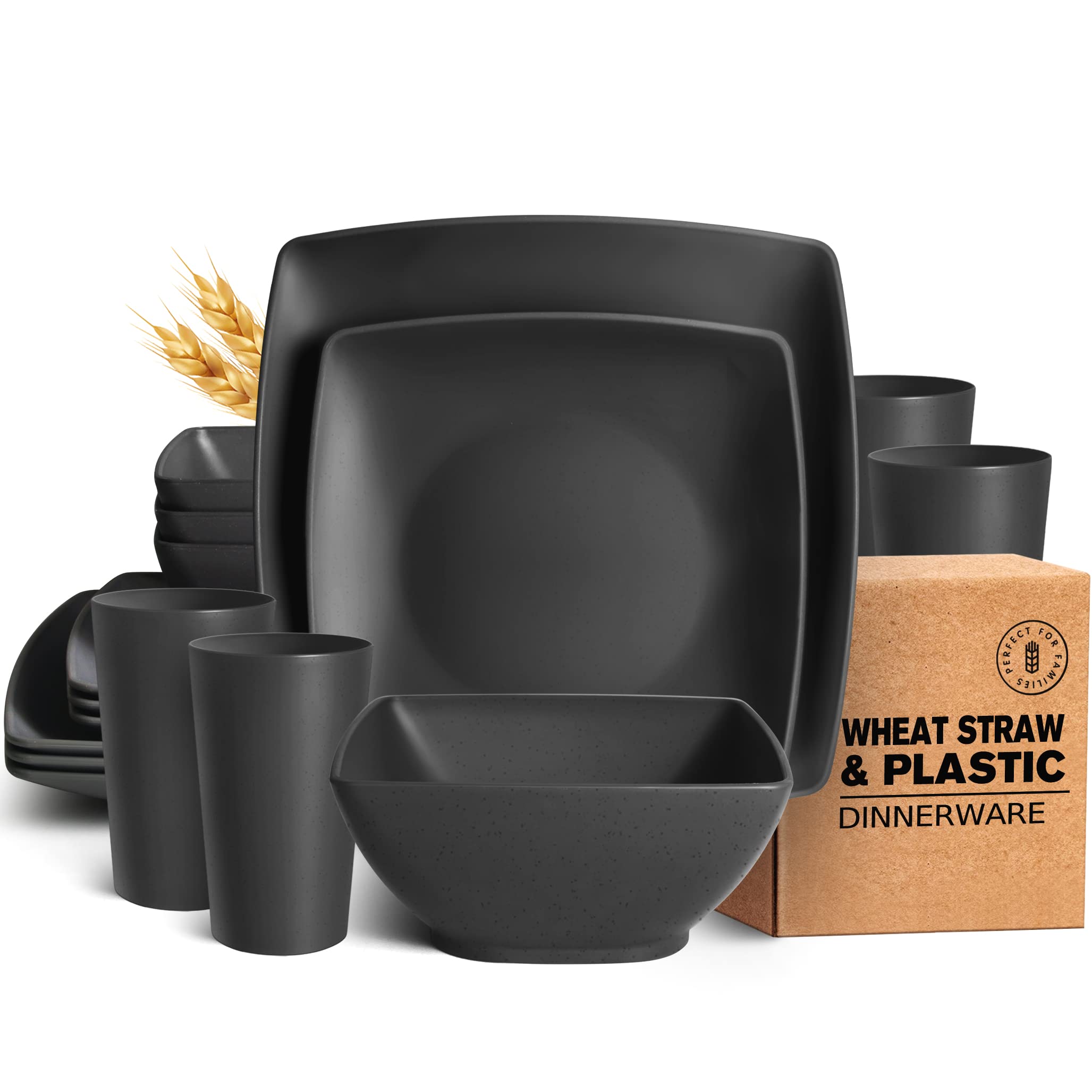Teivio 16pc Unbreakable Wheat Straw Dinnerware Set for 4 - Plates, Bowls & Tumblers | Dishwasher Safe for Daily Use