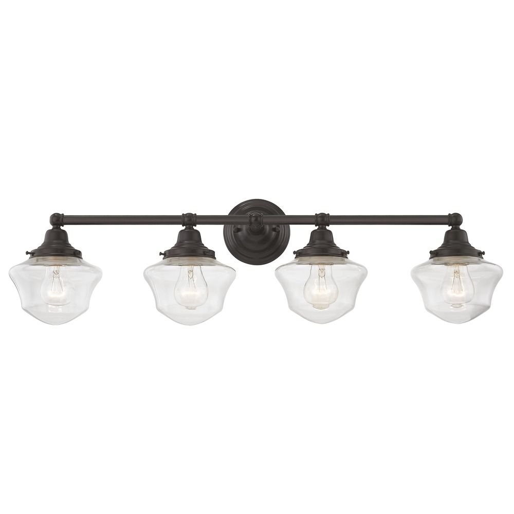 Vintage Bronze Schoolhouse Bathroom Light Fixture - Clear Glass Shade, 4 Lights, 31.625