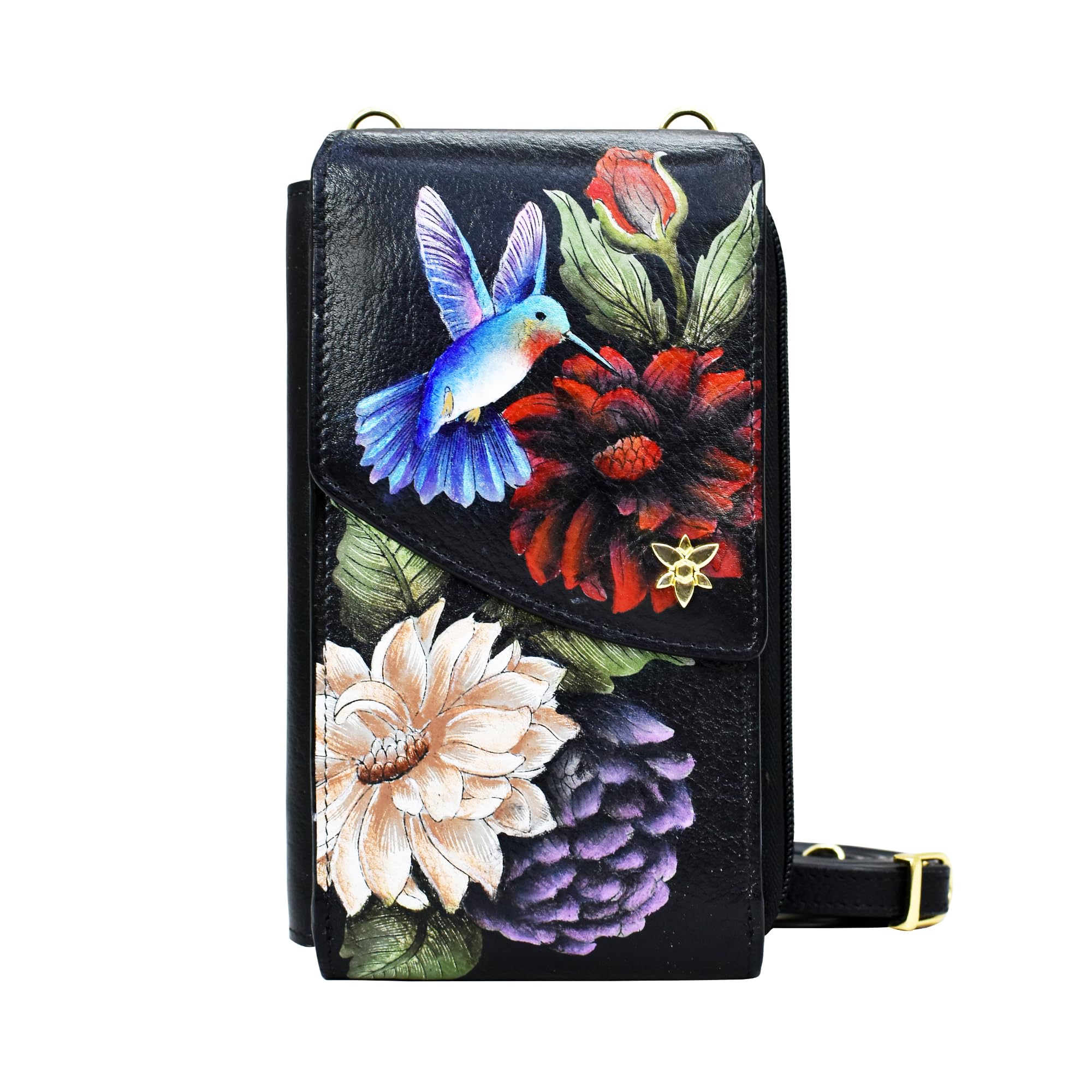 Anuschka Women's Original Hand-Painted Genuine Leather Crossbody Phone Case - Stylish & Durable Small Purse for iPhone, Perfect for Shopping, Travel & Everyday Use