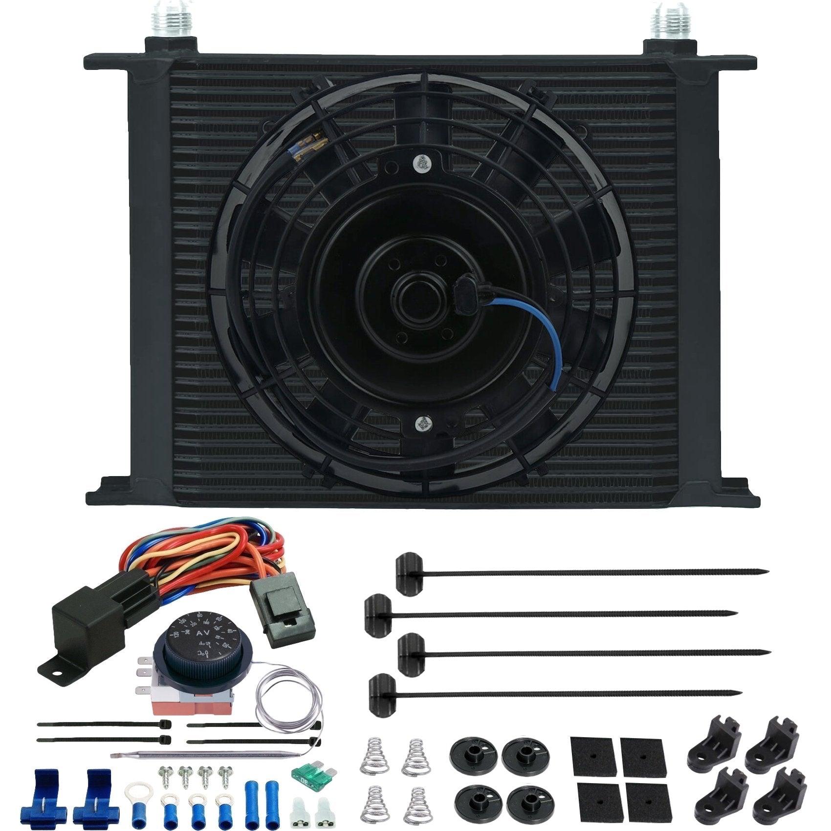 30 Row Transmission Oil Cooler with Electric Fan - Adjustable Thermostat & Wiring Kit for Improved Performance | Perfect for Trucks, RVs & High-Performance Vehicles