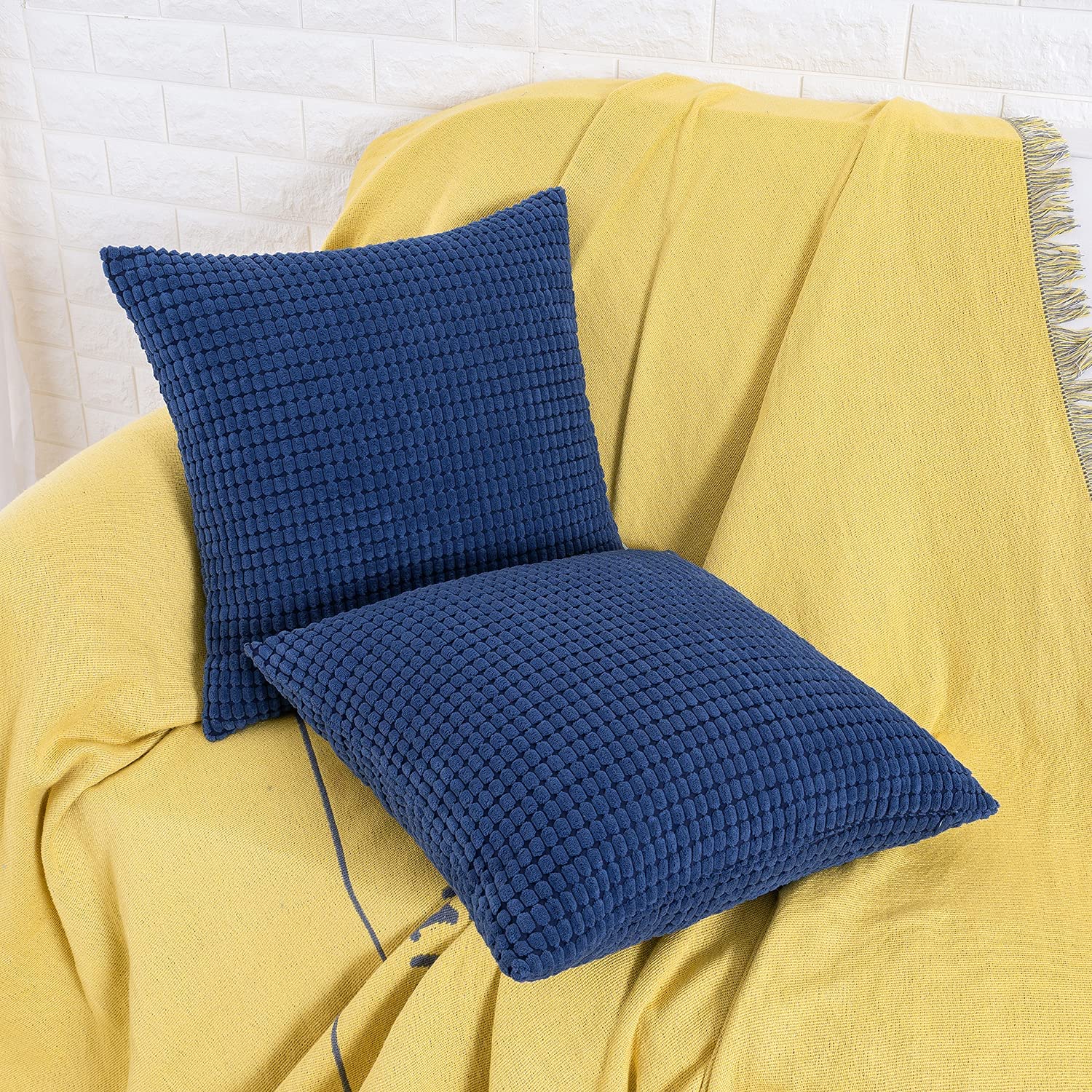 HWY 50 Corduroy Throw Pillow Covers 20x20 Inch - Soft Solid Navy Blue Decorative Cushion Covers Set of 2 for Sofa, Living Room, Bed - Corn Texture Accent Pillow Cases for Home Decor