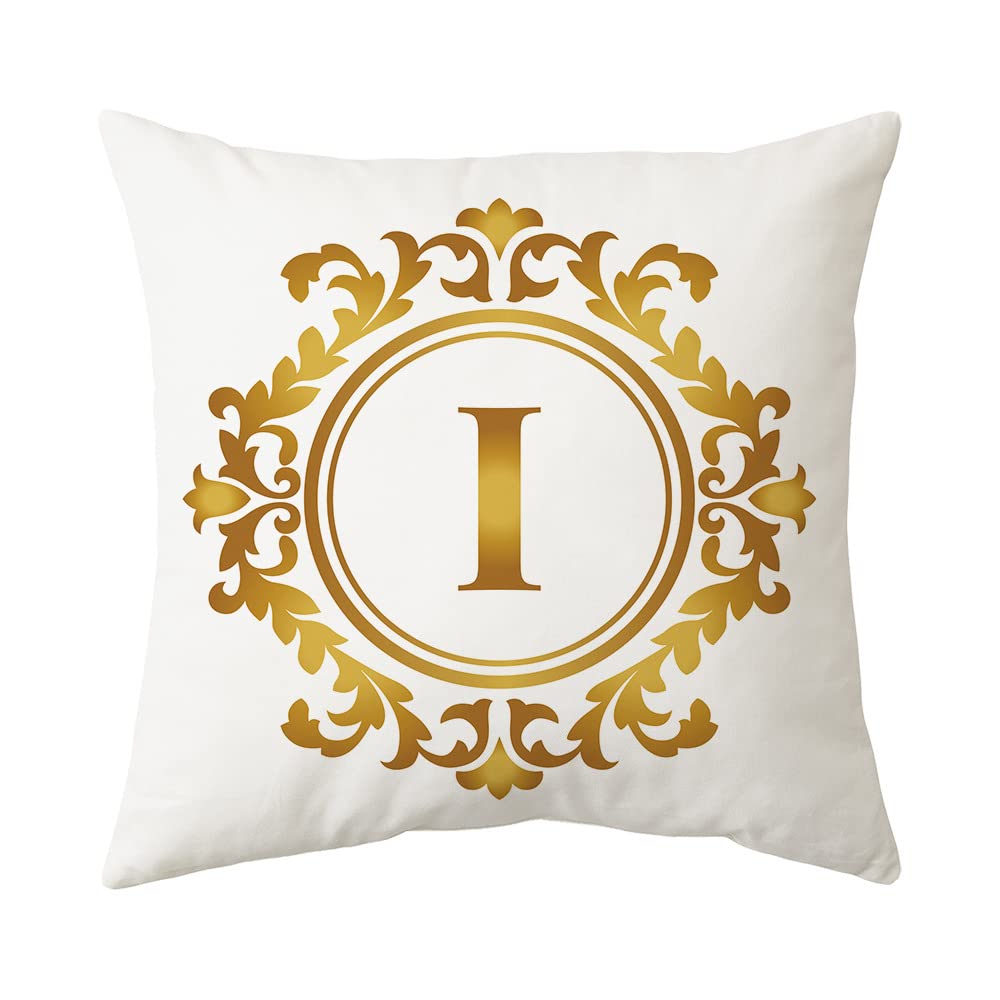 LIGUOGUO 18x18 Inch White & Gold Baroque Alphabet Letter I Throw Pillow Cover - Modern Minimalist Decorative Cushion Case with Zipper for Sofa, Couch, Bed & Living Room Decor | Perfect for Home, Office & Nursery Styling
