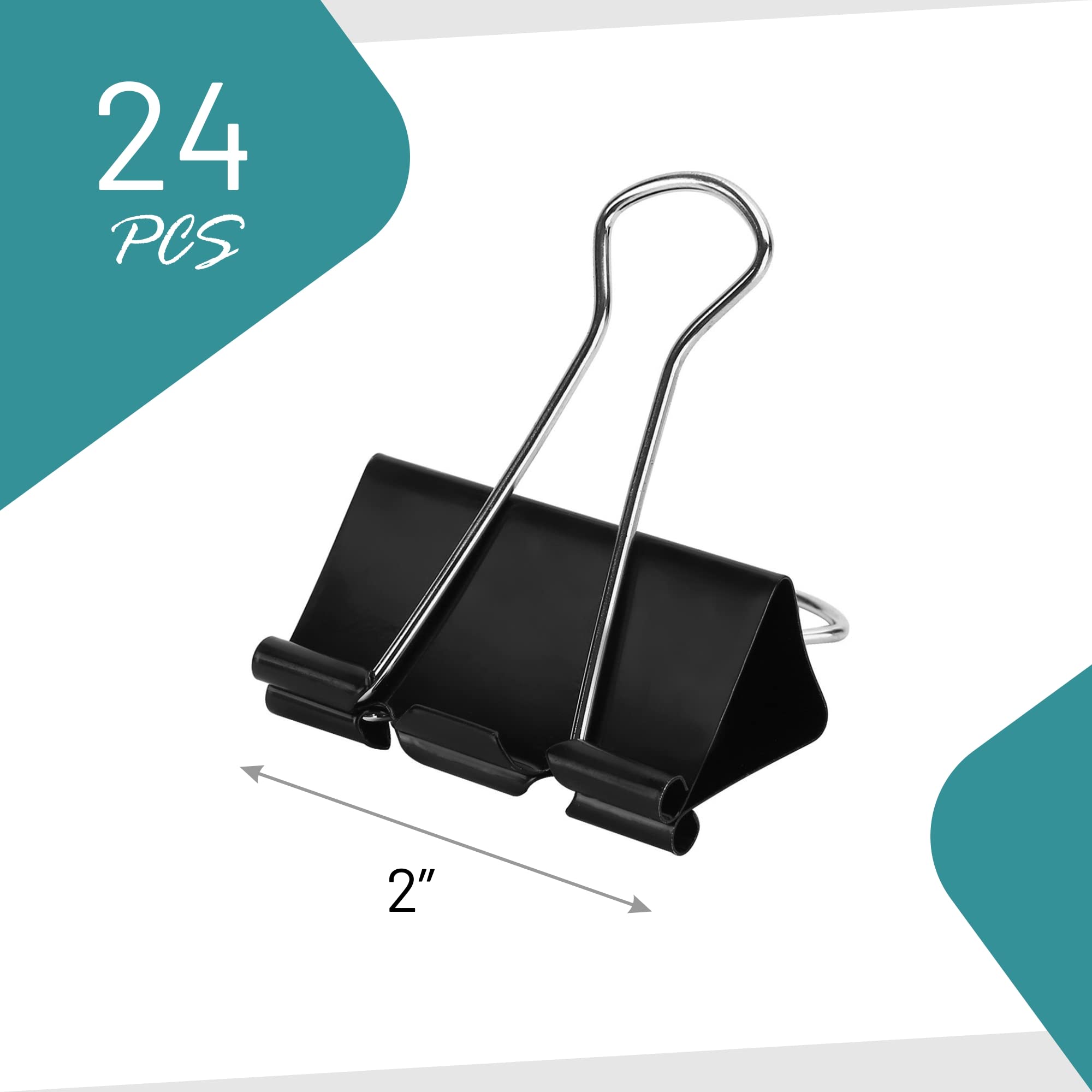 Large Black Binder Clips 24 Pack - 2 Inch Paper Clamps for Office, School & Home Use