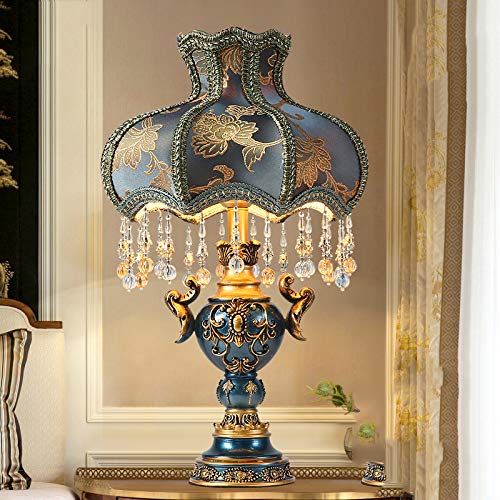 Modern Blue Fabric Lampshade Bedside Table Lamp with Elegant Floral Design - Antique Painted Resin Base Nightstand & Desk Lamp for Living Room, Girls Bedroom - Perfect for Reading, Bedside Lighting & Home Decor