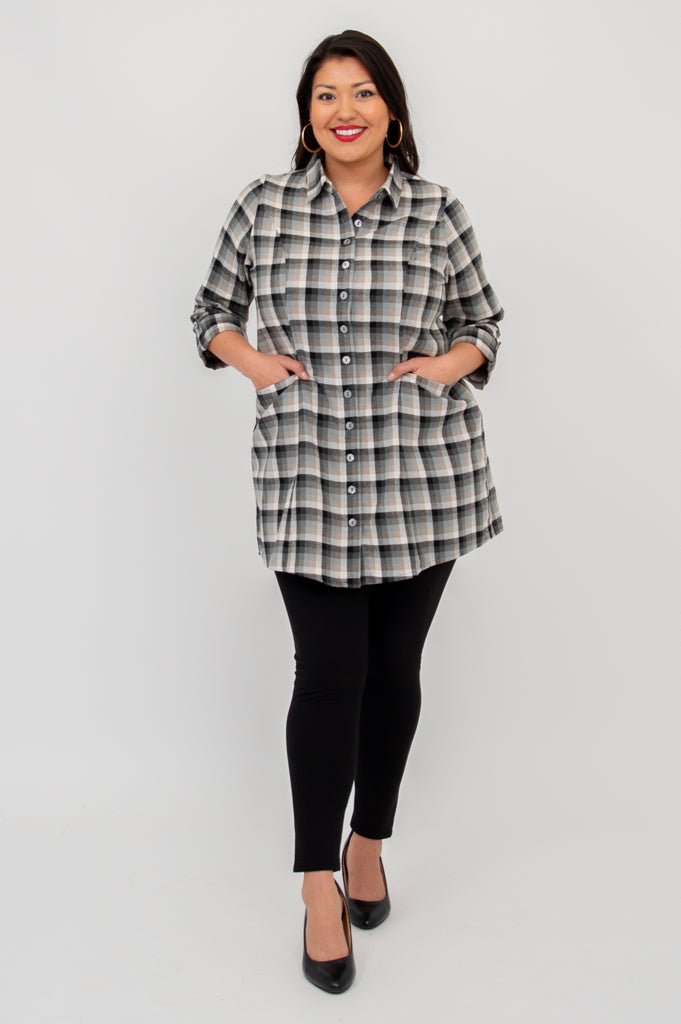 Larissa Tunic Top - Black Retro Plaid Cotton Flannel Shirt for Women | Vintage Style Fall Winter Fashion | Perfect for Casual Outfits, Office Wear & Holiday Parties
