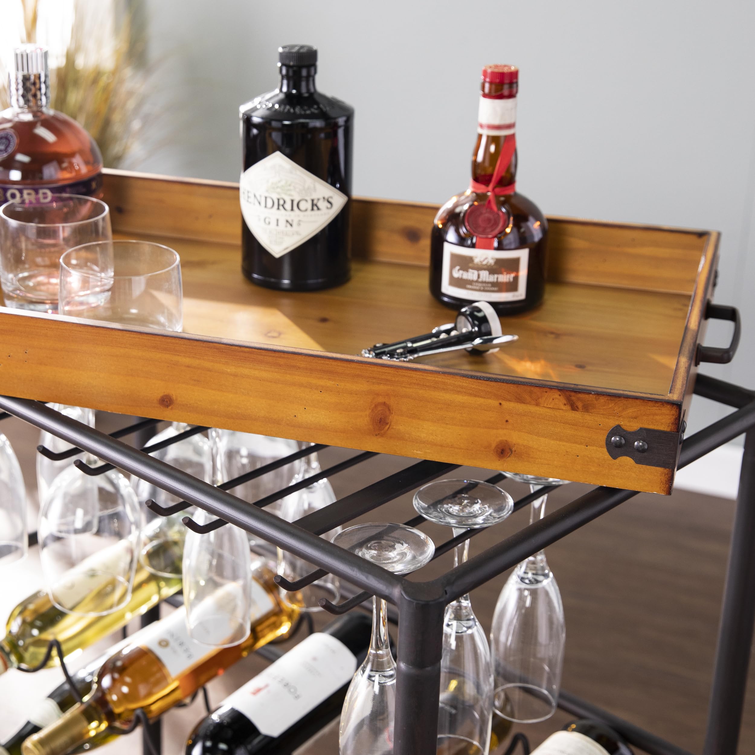 SEI Furniture Southern Enterprises Mayson Bar Cart - Black/Natural Wood Rolling Serving Cart for Home, Office & Outdoor Entertaining