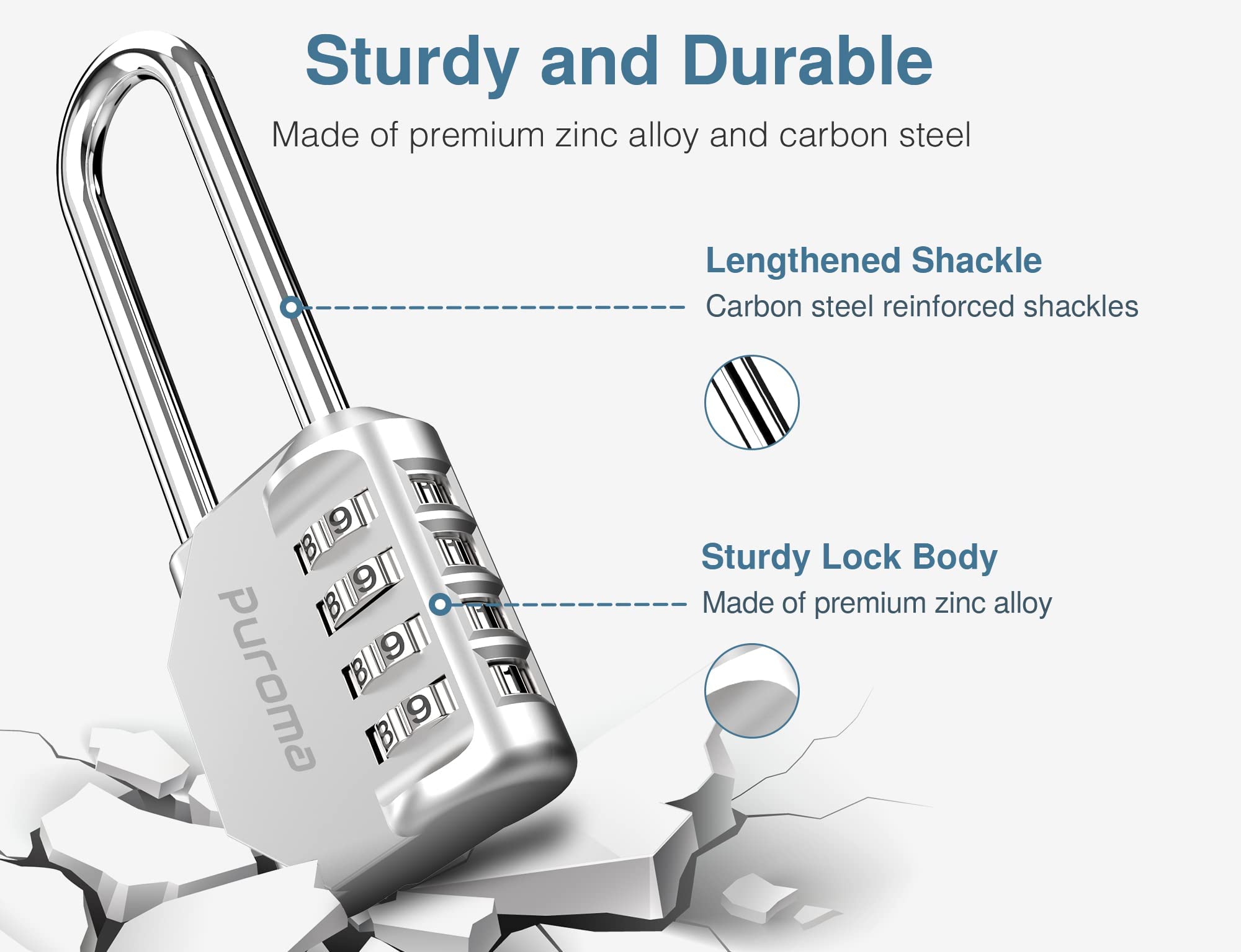 Puroma 2 Pack 2.6 Inch Heavy Duty Combination Padlock - 4 Digit Outdoor Waterproof Lock for Gym Lockers, School Lockers, Toolboxes, Gates & Fences - Secure Storage for Sports Equipment, Backpacks & Cases (Silver)