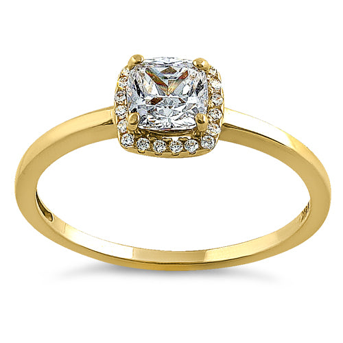 14K Yellow Gold Halo Cushion Cut Cubic Zirconia Engagement Ring for Women - Elegant Wedding Band, Promise Ring & Anniversary Gift for Her