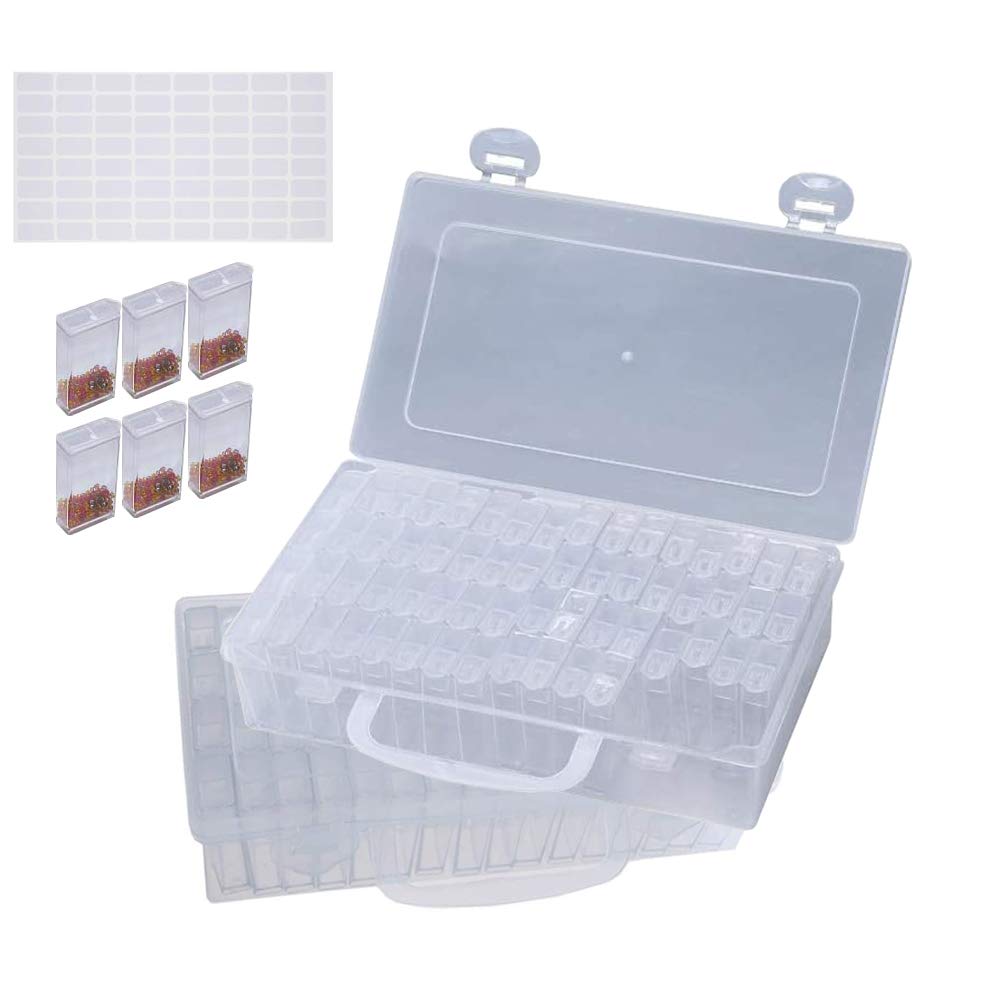 **TDOTM 2-Pack x 64 Grids Diamond Painting Storage Containers - Clear Bead Organizer for Embroidery, Nail Jewelry & DIY Crafts - Portable Case with Handle & Label Stickers - Perfect for Travel & Home Crafting**