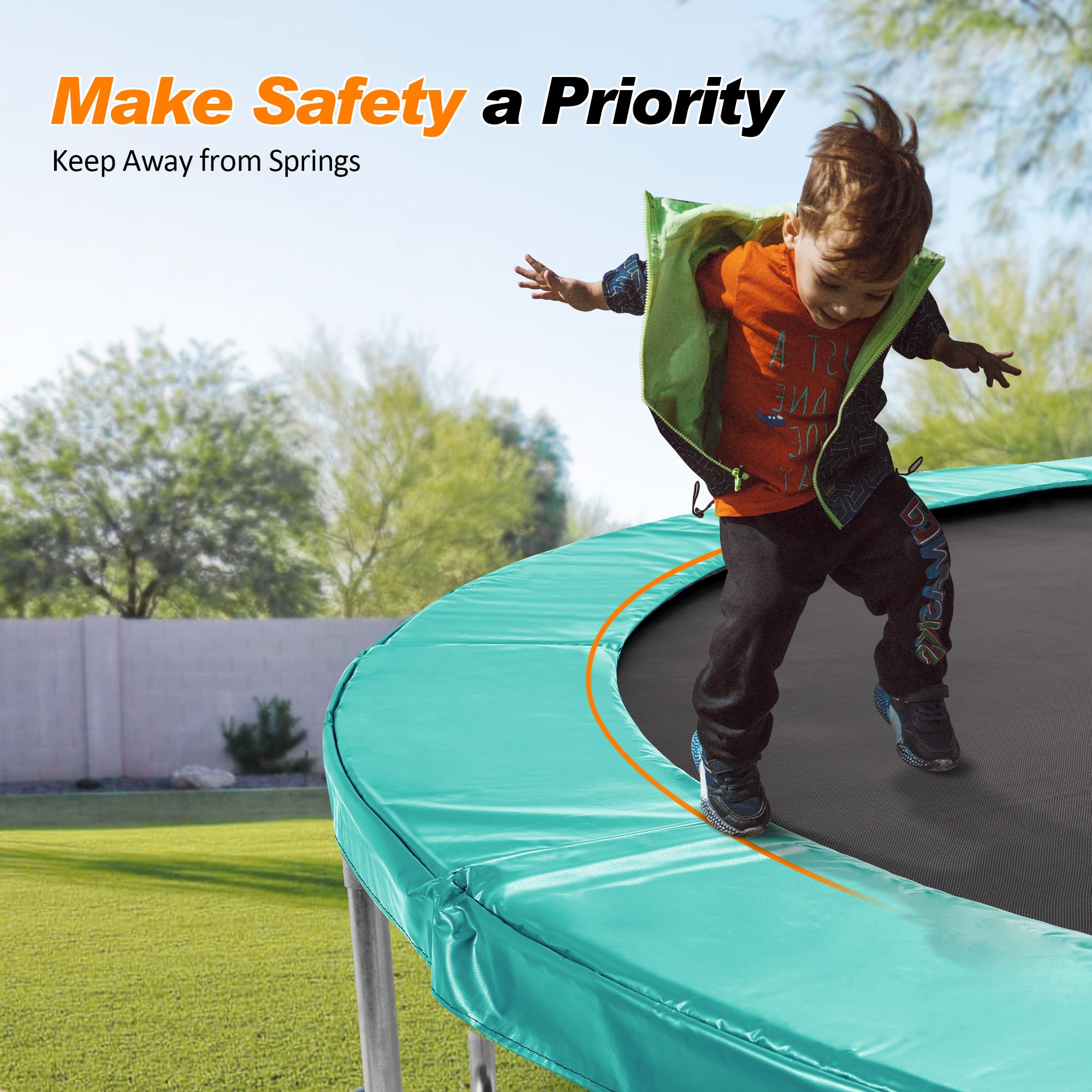Exacme Waterproof Trampoline Safety Pad Replacement - 8, 10, 12, 13, 14, 15, 16 Foot Round Frame Spring Cover (No Pole Holes) - Durable Outdoor Bounce Protection for Kids & Backyard Fun