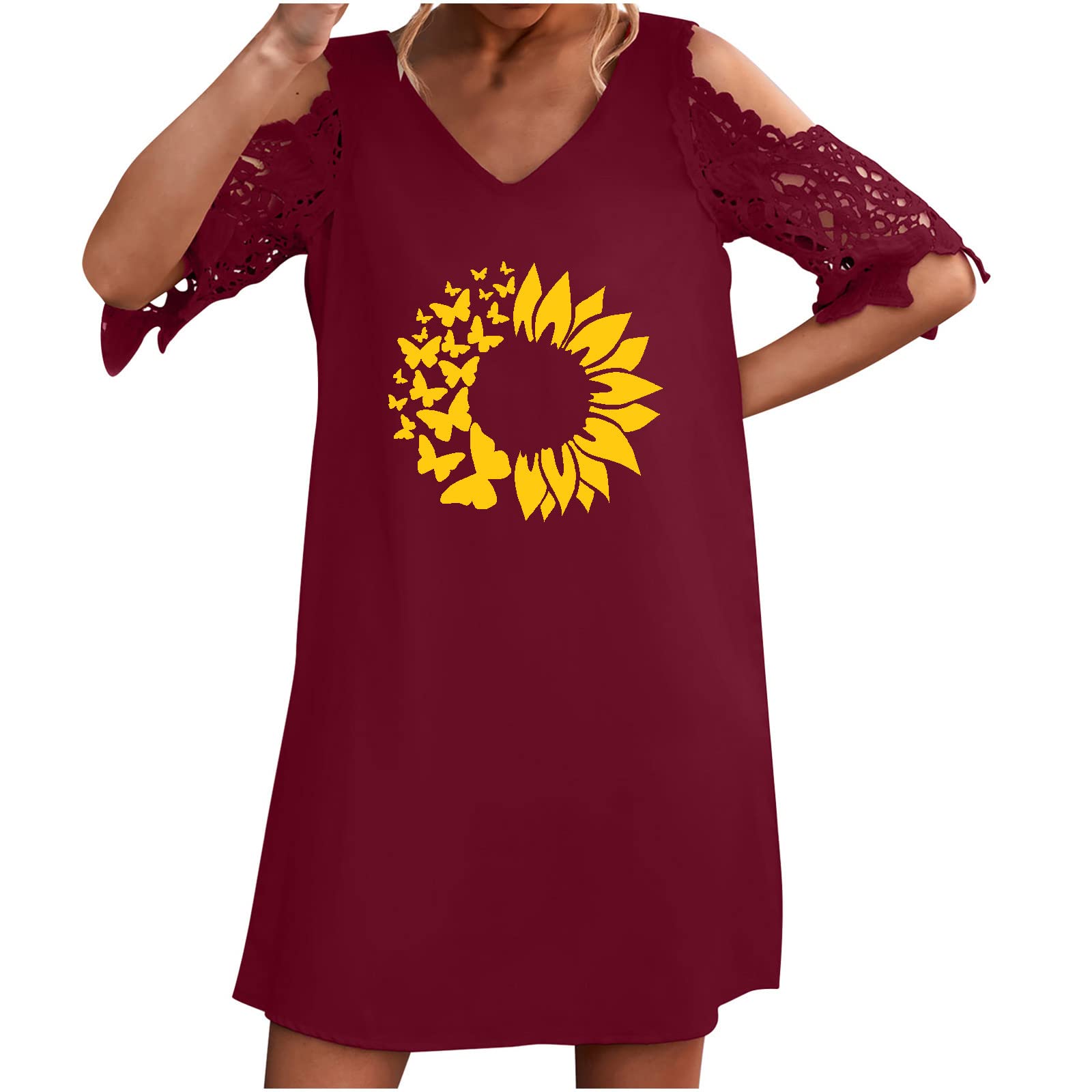 Women's Sexy Printed V-Neck Lace Cold Shoulder Short Sleeve Pajama Dress - Summer Casual Sleepwear & Lounge Dress for Nightwear, Vacation, and Home Comfort