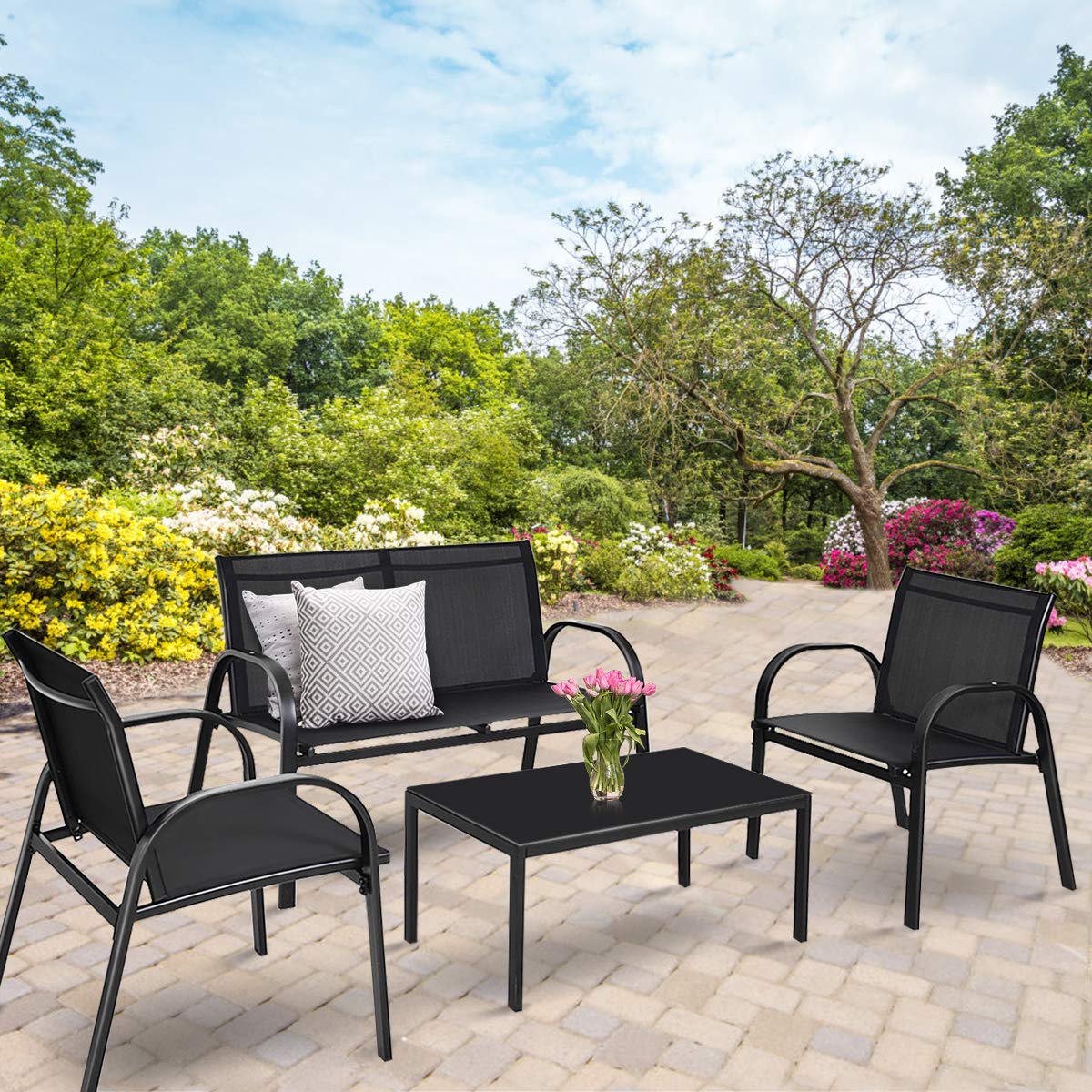 HAPPYGRILL 4-Piece Outdoor Patio Conversation Set with Coffee Table - Garden, Lawn & Backyard Furniture for Relaxing & Entertaining