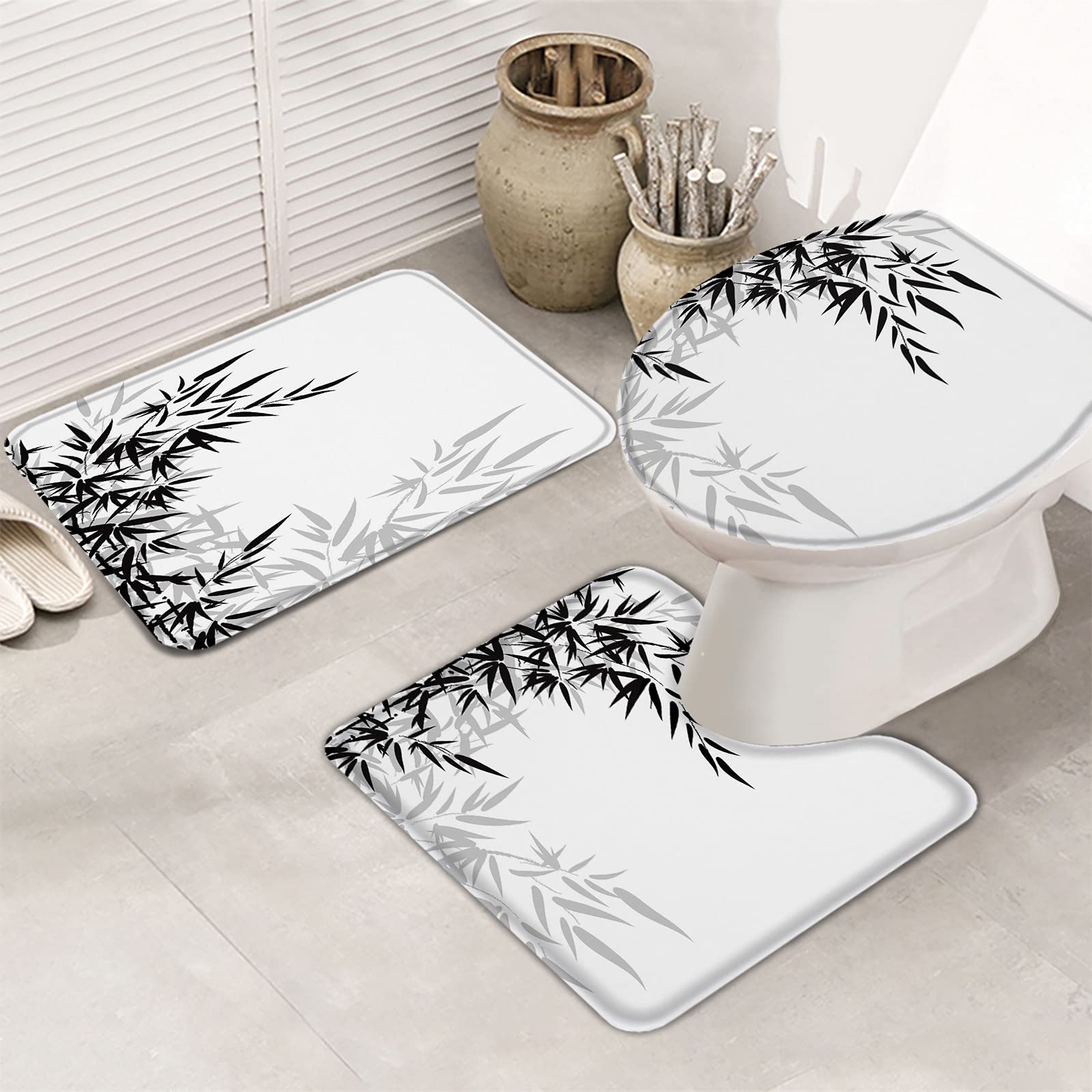 3-Piece Bathroom Rug Set - Non-Slip Bamboo Leaf Black & White Pattern Bath Mat, Contour Mat & Toilet Cover | Soft Absorbent Shower Mats for Bathroom Safety & Style | Perfect for Modern Home Decor