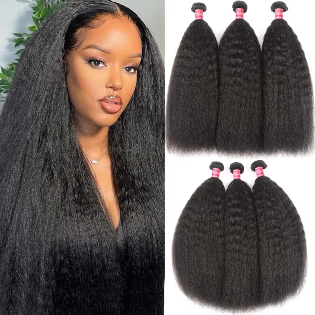 UNice Hair 10A Yaki Kinky Straight 100% Unprocessed Mongolian Virgin Human Hair Weave Extensions - 3 Bundles Natural Color (14 16 18 Inch) for Black Women | Perfect for Sew-in, Glue-in & Clip-in Hairstyles | Salon Quality Hair Extensions for Daily Wear & Special Occasions
