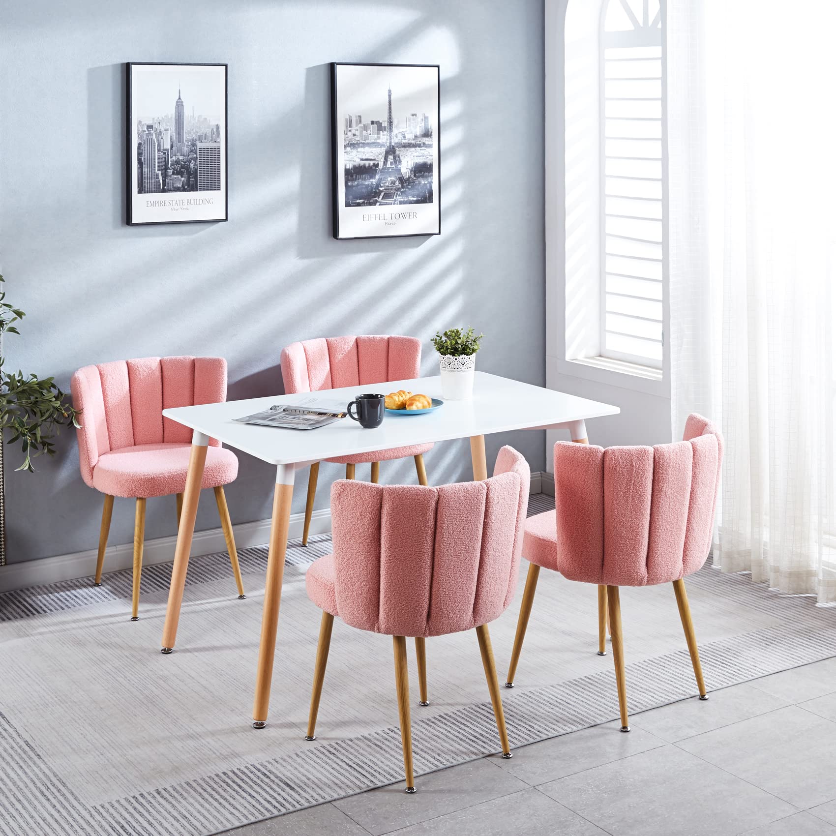 Pink Sherpa Accent Chairs Set of 2 - Mid Century Modern Upholstered Side Chairs for Dining Room, Living Room, Bedroom & Vanity - Cozy Seating for Home Office, Reading Nook & Lounge Areas