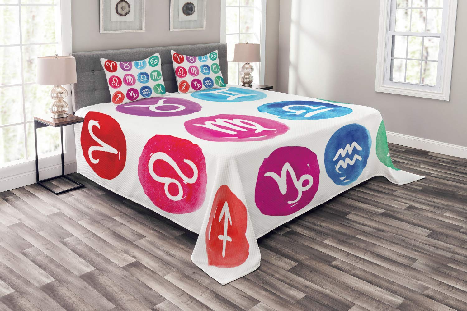 Ambesonne Zodiac King Size 3-Piece Bedspread Set with 2 Pillow Shams | Watercolor Horoscope & Astrological Design on Plain Background | Quilted Decorative Coverlet for Bedroom, Guest Room & Dorm | Multicolor