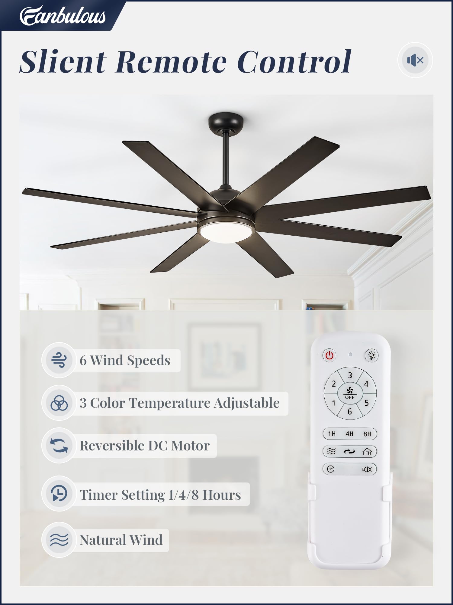 72 Inch Black Ceiling Fan with Lights and Remote - 6 Speed Quiet DC Motor, Reversible Blades, 3 CCT Lighting for Living Room, Bedroom & Outdoor Patio Use
