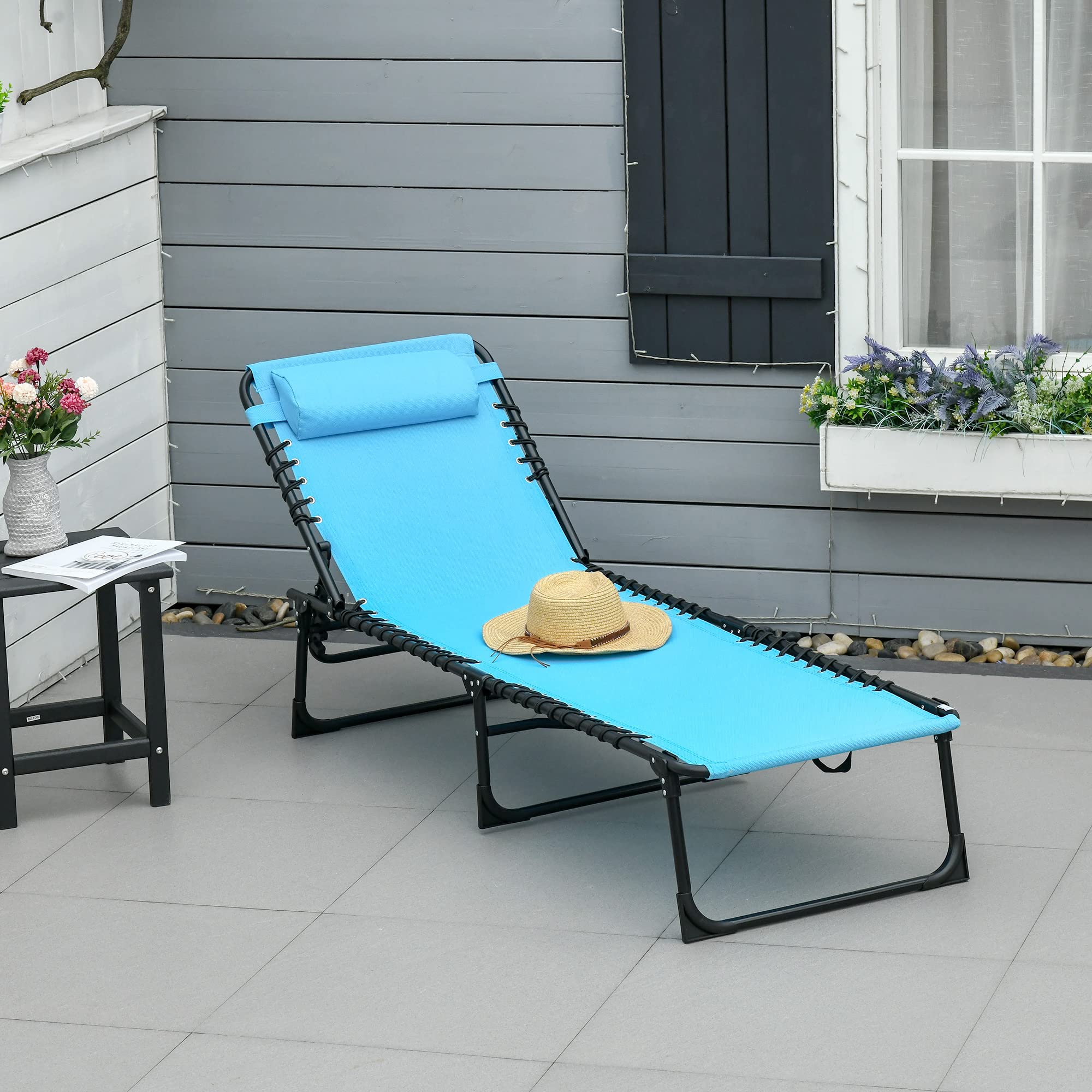 Outsunny Folding Chaise Lounge Chair - 4-Position Reclining Patio Sun Lounger with Breathable Mesh Seat | Perfect for Beach, Poolside, Backyard & Outdoor Relaxation | Blue