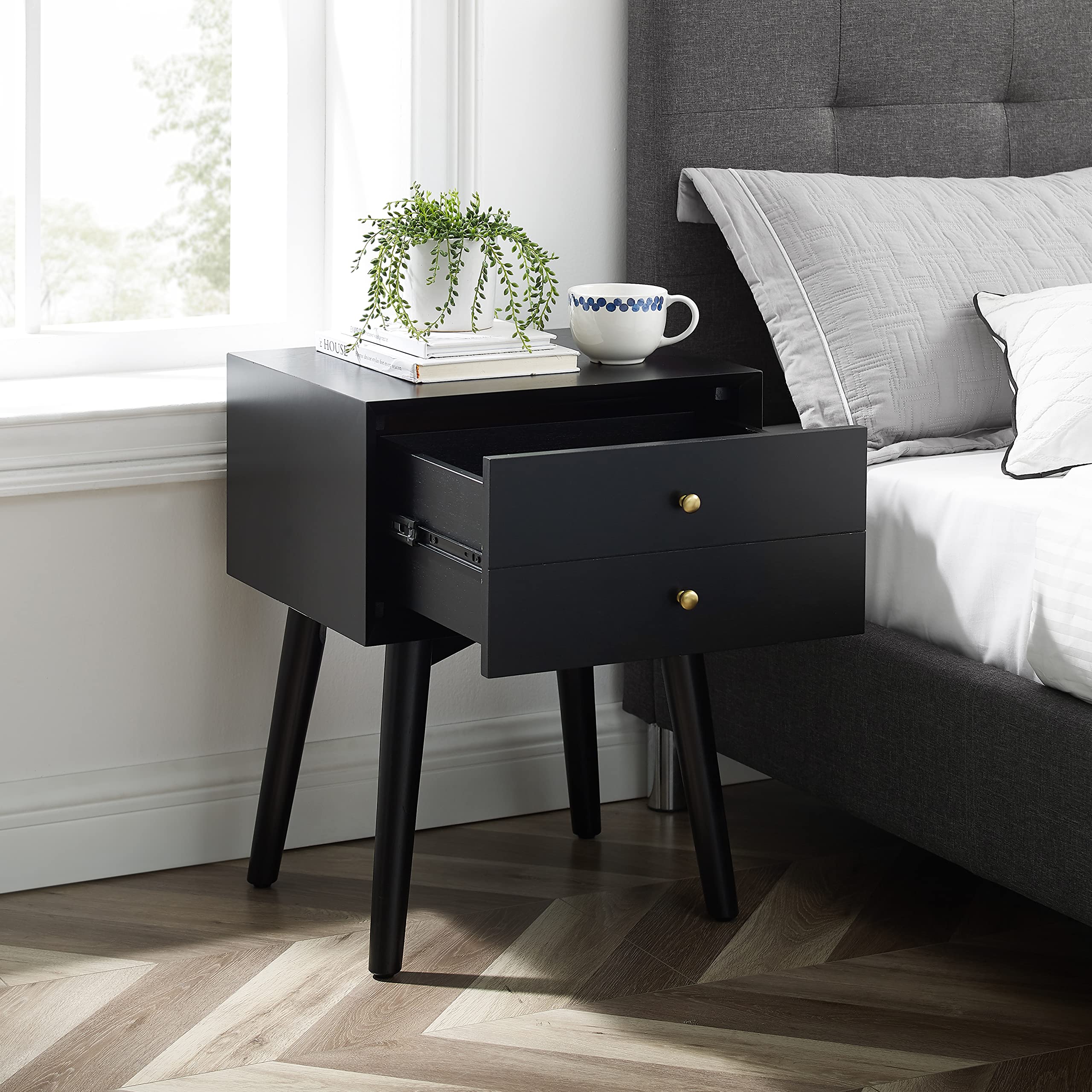 Crosley Furniture Landon Nightstand Side Table with Drawer - Matte Black Finish, Bedroom Nightstand for Small Spaces, Modern Bedside Table with Storage
