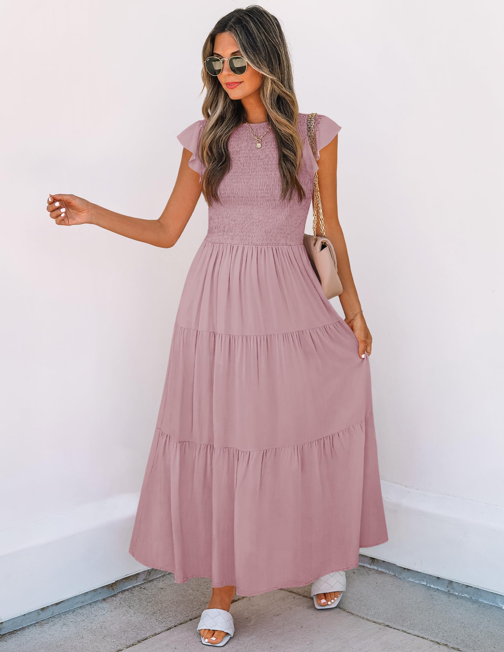 ZESICA Women's Summer Flutter Short Sleeve Smocked Waist Tiered Midi Dress - Casual Crew Neck Elastic Waist Flowy Dress for Beach, Vacation & Everyday Wear
