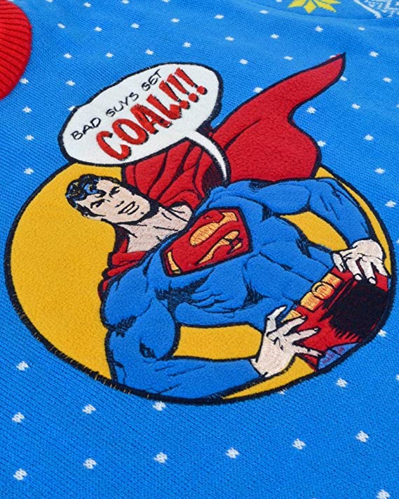 Superman 'Bad Guys Get Coal' Ugly Christmas Sweater - XS Size | DC Comics Holiday Jumper for Christmas Parties & Festive Gatherings