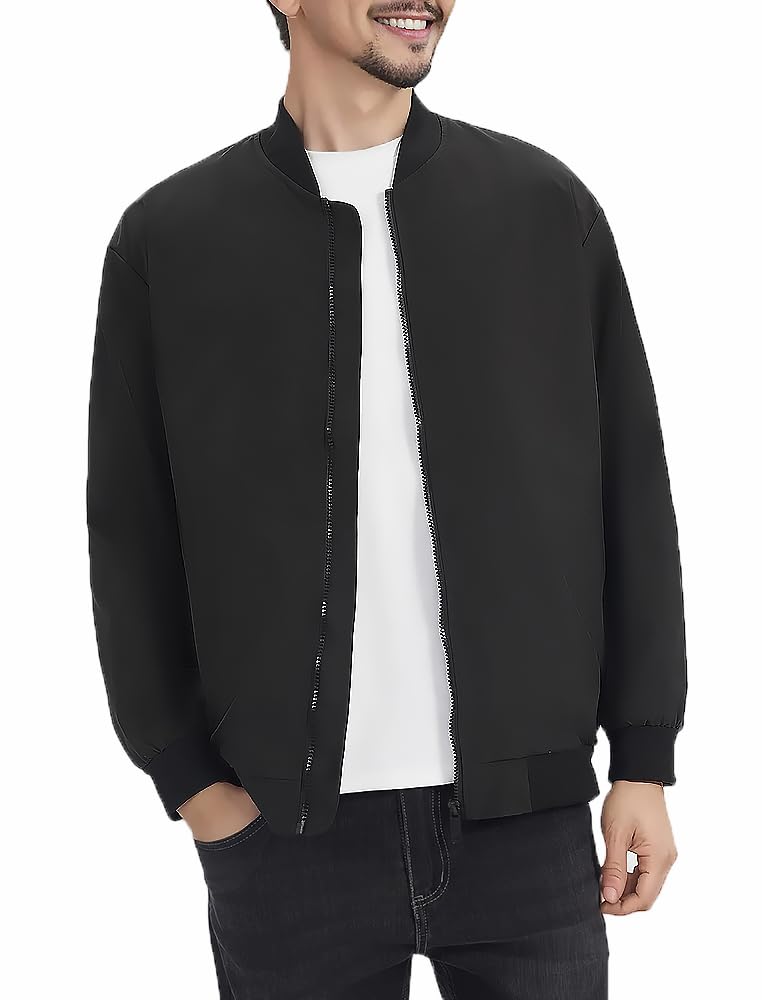 Men's Lightweight Bomber Jacket - Black Windbreaker Flight Varsity Jacket for Casual Wear | Perfect for Outdoor Activities, Travel & Street Style Fashion