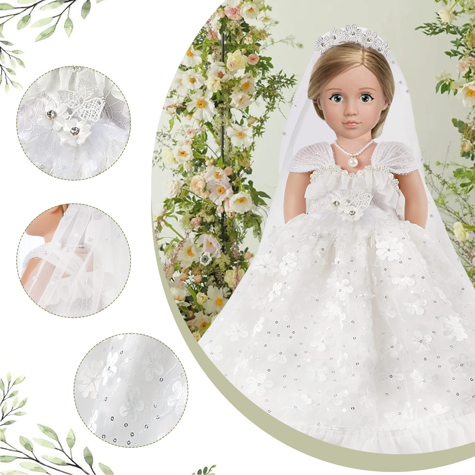 18 Inch Girl Doll Wedding Dress Set - 3 Piece Bridal Outfit with Accessories for 18