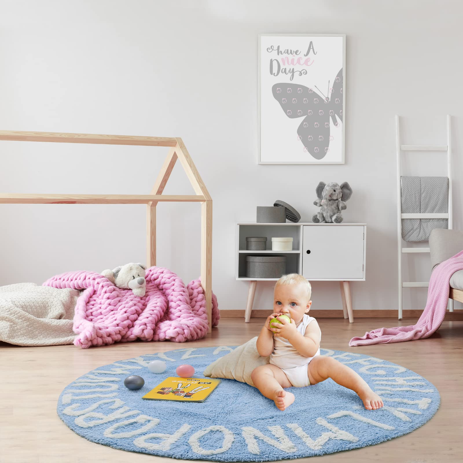 ABC Alphabet Rug for Kids Room - Neutral Cotton Circle Nursery Rug for Baby Boy & Girl, 47