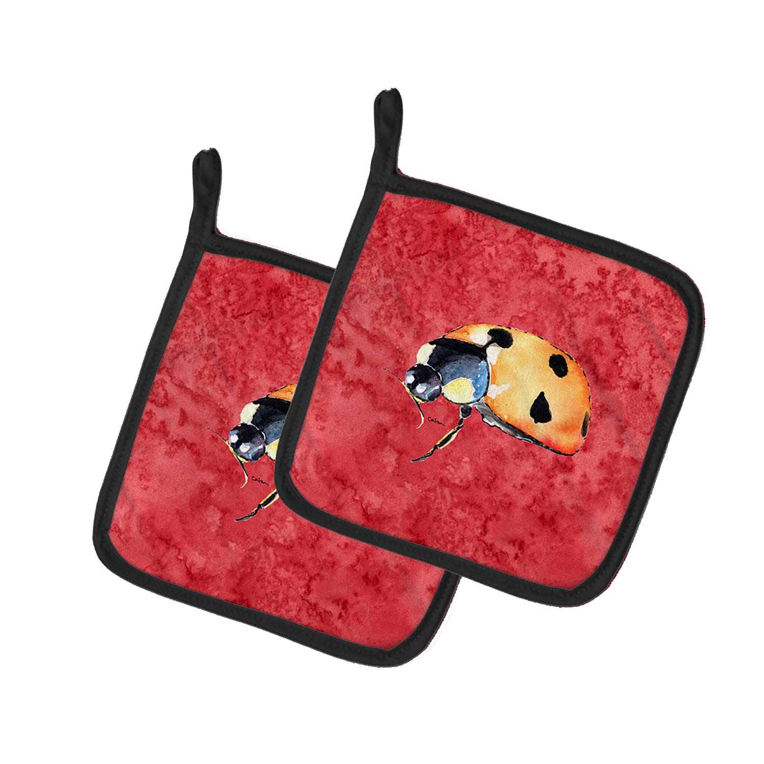 Ladybug Design Heat Resistant Pot Holders Set - 2 Pack Red Kitchen Oven Mitts for Cooking, Baking & BBQ - 7.5