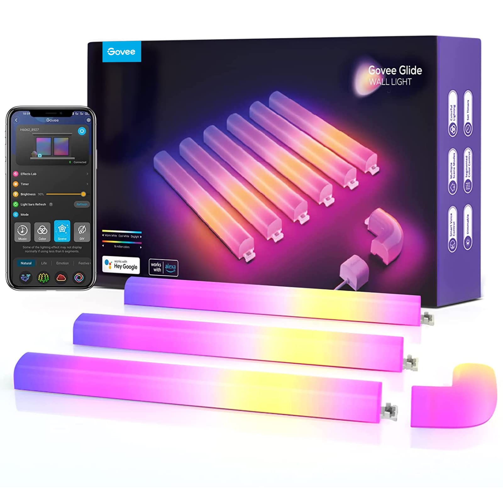 Govee Glide RGBIC LED Wall Lights - Smart WiFi Wall Sconces for Gaming Room, TV Backlight & Bedroom Decor, Works with Alexa & Google Assistant, Music Sync Color Changing Strip Lights (6 Pcs + 1 Corner) - Perfect for Streaming Setup, Party Lighting & Home Theater Ambience