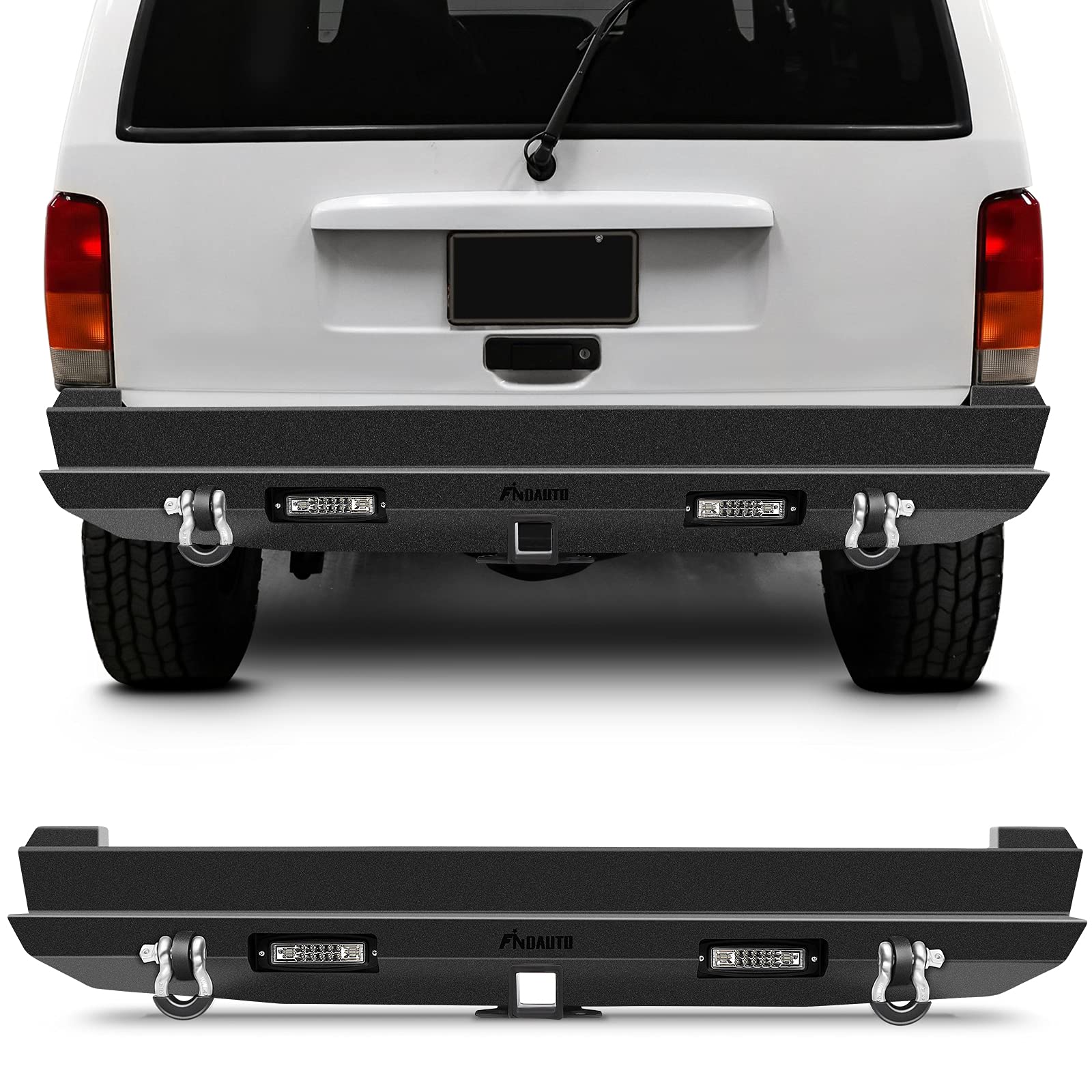 FINDAUTO Upgraded Textured Black Rock Crawler Rear Bumper with LED Lights & D-Rings | Compatible with 1984-2001 Jeep Cherokee | Off-Road Protection & Enhanced Style for Jeep Adventures