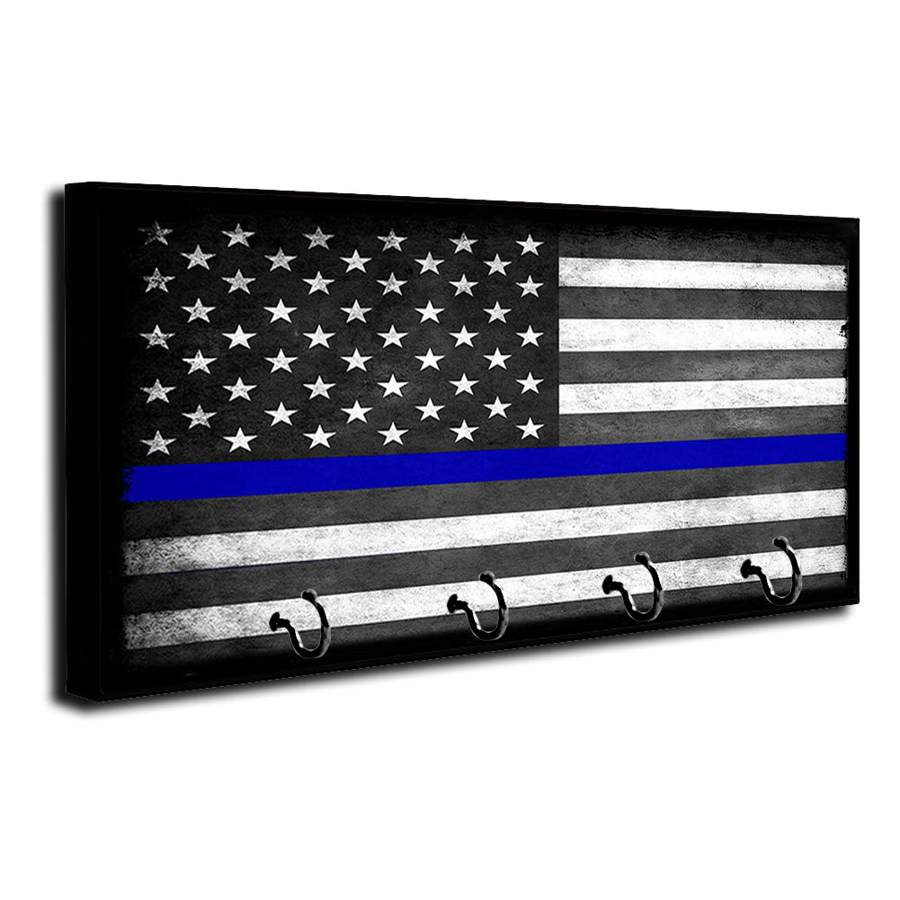 Thin Blue Line American Flag Key Holder - Wall Mount Key Organizer Rack for Home & Office - Law Enforcement Brotherhood Decor - Perfect for Keys, Rings & Hooks - Durable & Stylish Wall Hanger for Police Supporters