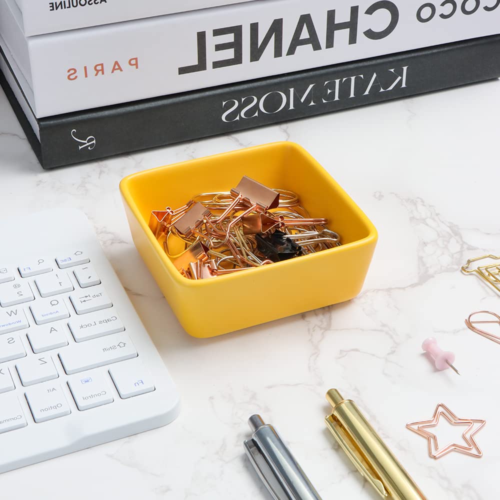 MEI YI TAN Square Yellow Ceramic Paper Clip Holder - Cute Office Desk Organizer for Binder Clips & Paperclips - Perfect Desktop Accessory for Home & Office Organization