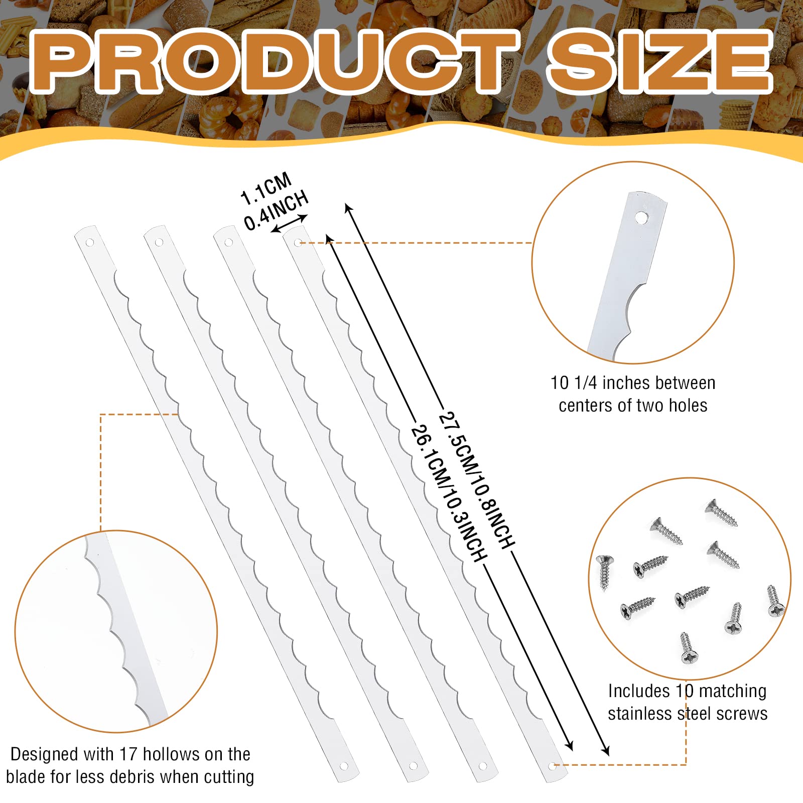 Lasnten 4-Piece Stainless Steel Serrated Bread Knife Replacement Blades with Screws - Compatible with Wooden Baking Knives | Perfect for Slicing Bread, Cakes, and Pastries